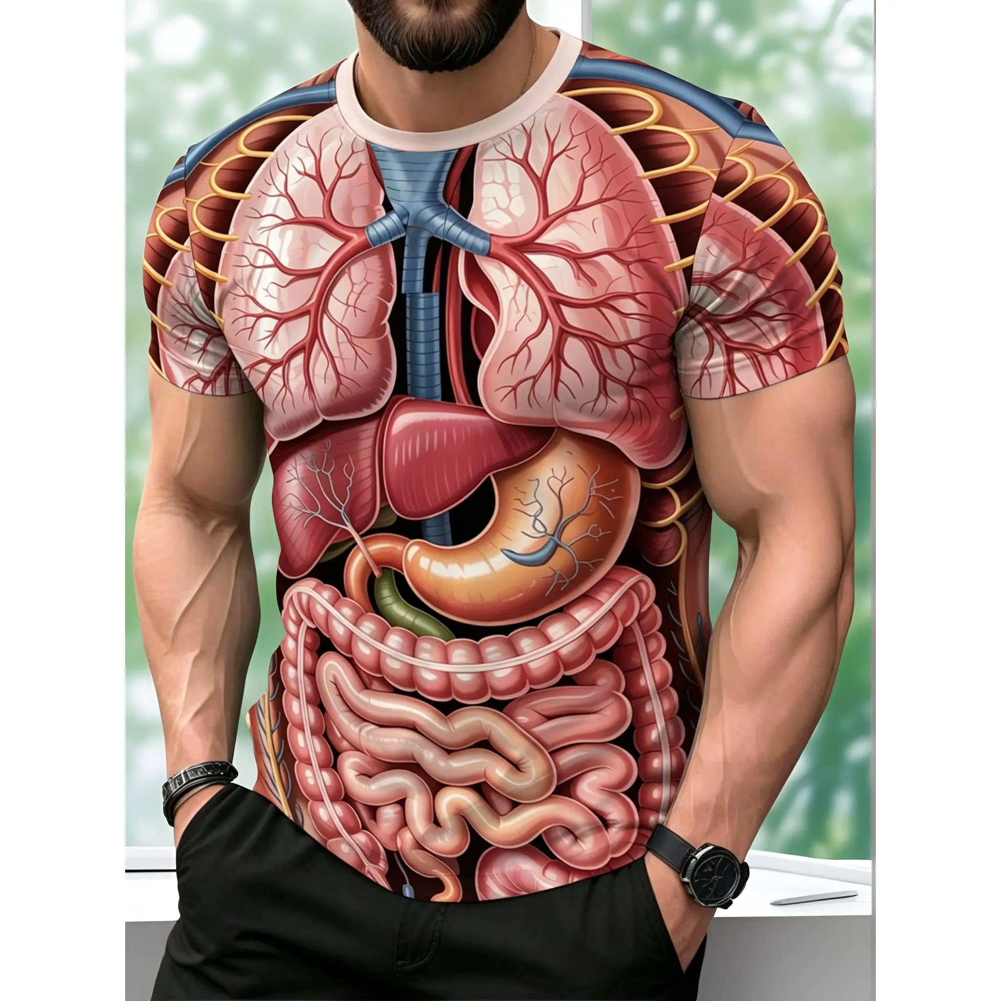 Men's Stylish Short-Sleeve Graphic T-Shirt - Personalized Human Torso Anatomy Chart Print, Round Neck, Soft Breathable Fabric, Casual & Gym Wear for Sports, Daily Use, Machine Washable, Shortsleeve
