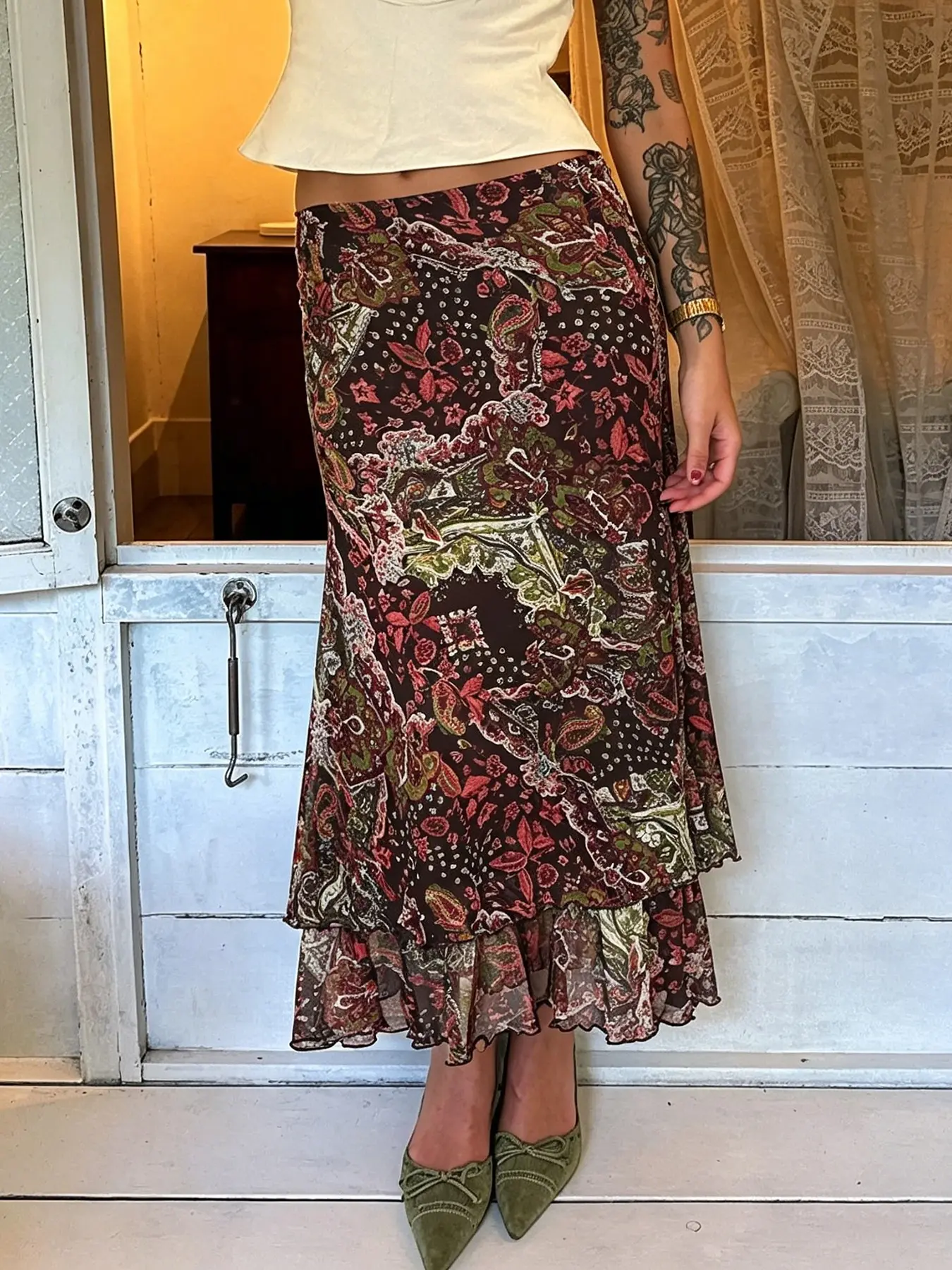 Vintage Y2K Ethnic Print Vacation Flowy Skirt,Versatile Casual Elegant Unique Two-layers Women's Skirt, All-Season Fashionable Streetwear Grunge 90s Bottoms