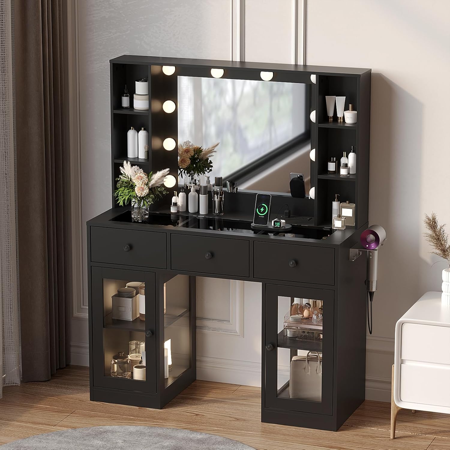 VINGLI Vanity Desk with Mirror and Lights, Glass Top Makeup Vanity Table w/Glass Lighting Cabinets & Power Outlets & Hairdryer Holder, 54in Dressing Table, Gifts for Girls VINGLI Vanity Desk with Mirror and Lights, Glass Top Makeup Vanity Table w/Glass Lighting Cabinets & Power Outlets & Hairdryer Holder, 54in Dressing Table, Gifts for Girls