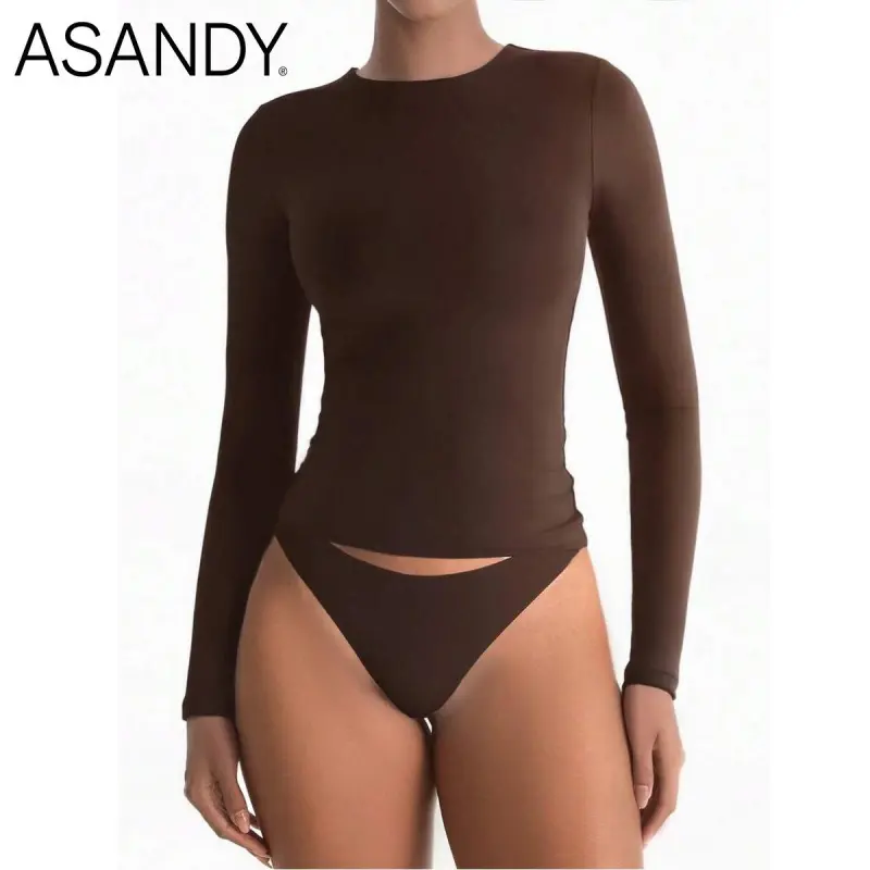 ASANDY Women's Basic Polyester Long Sleeve Shirt, Seamless Crewneck Tee, Slim Fit Everyday Tops for Layering, Stretchy, Long Sleeve Tops, Crew Neck, Elegant, Neck Top