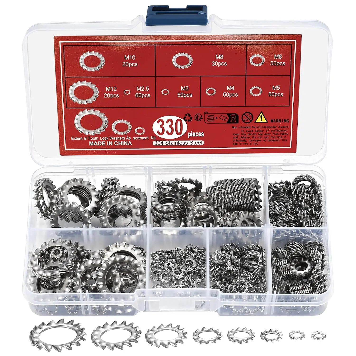 330 count External   Lock Washers, Stainless Steel External Starlock Washers  Set,  Locking Ring Washers Kit - M2.5 M3 M4 M5 M6 M8 M10 M12