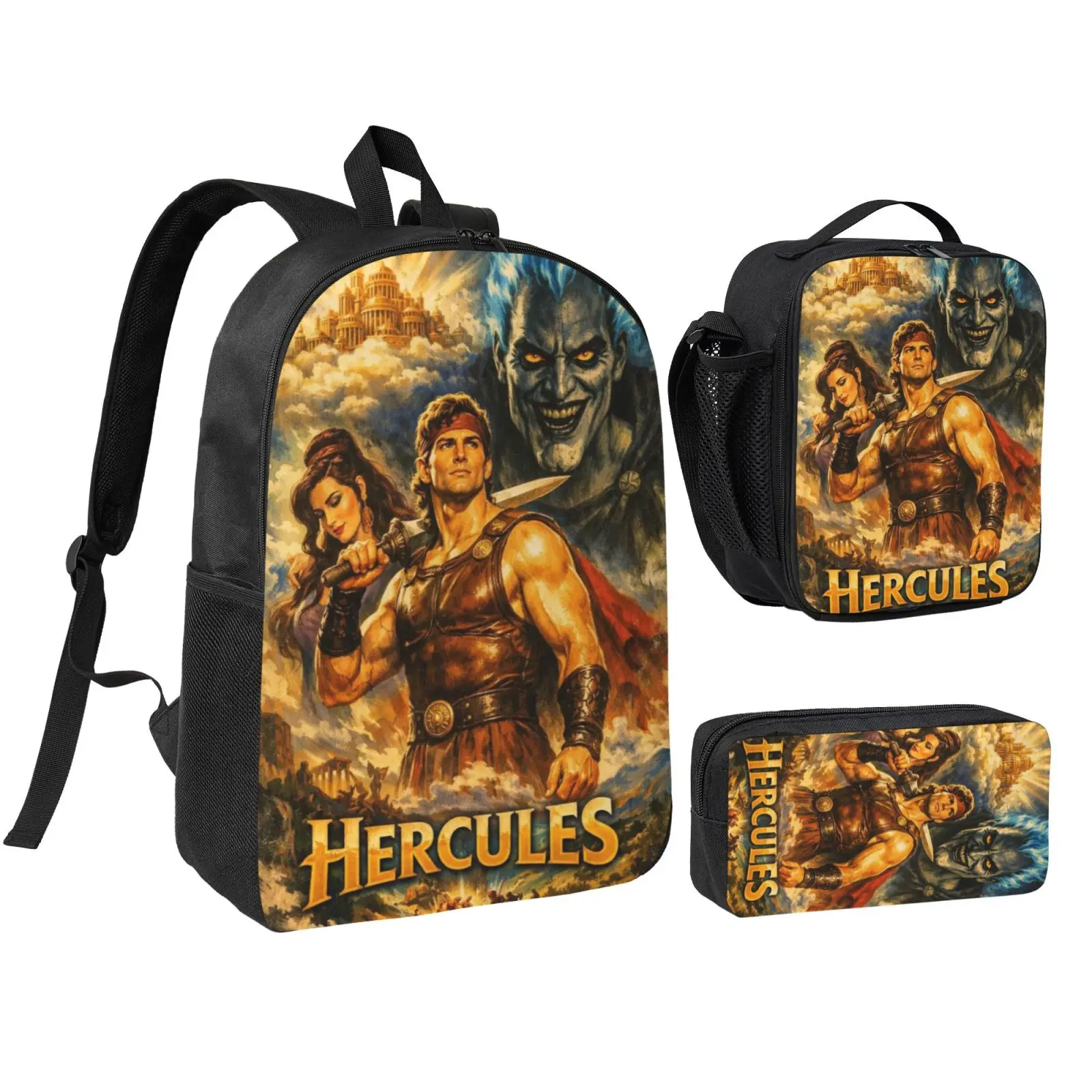 Anime Hercules1 3Pcs School Backpack Set for Teens Boys Girls, Adjustable Strap Kids Bookbag with Insulated Lunch Bag & Pencil Case, Lightweight Travel Office Daypack