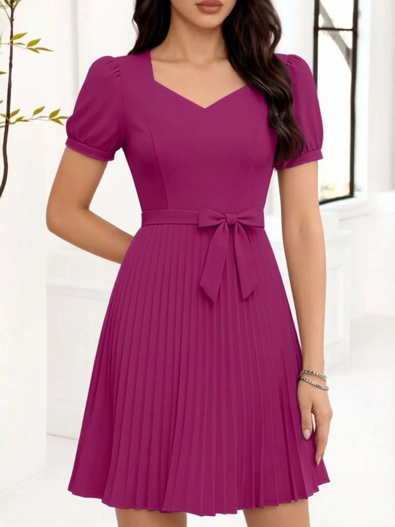 Celderio Women's Fashionable Casual Simple Slim Fit Short Dress, Solid Color V-Neck, Perfect for Daily Wear