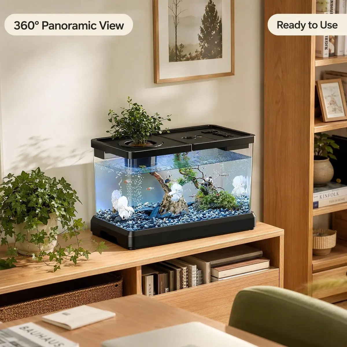 Black Acrylic Fish Tank, Full Transparent Panoramic Decorative Aquarium, Bottom Drain Turtle Tank for Fish, Turtles, Shrimp, Reptiles, No Assembly, 2 Sizes Large/Medium Optional