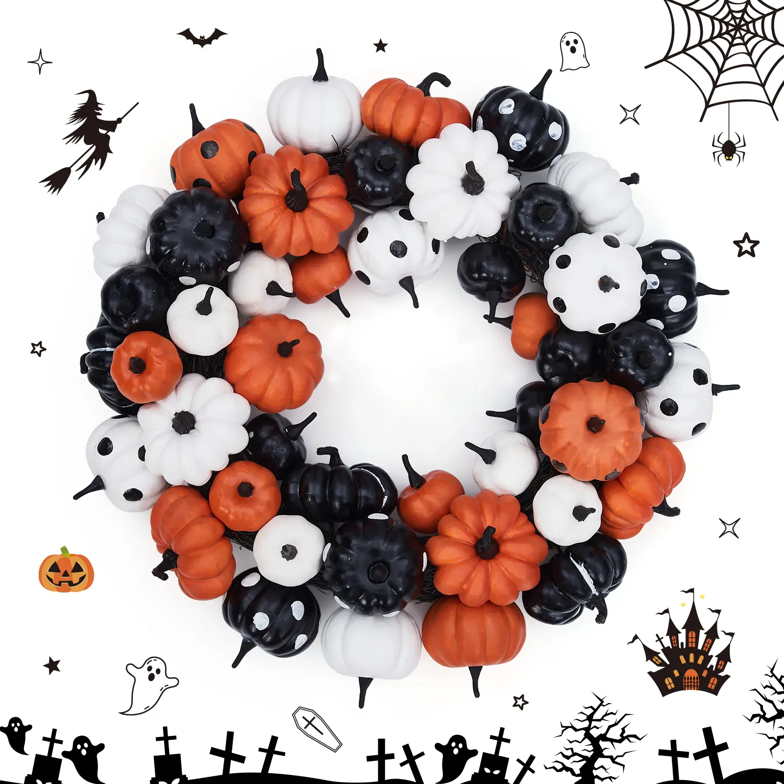 Halloween Pumpkin Wreath, 18 Inch Fall Wreath for Front Door, Halloween Wreath with Orange, Black and White Pumpkins, Rattan Bottom Halloween Indoor Outdoor Home Party Decor