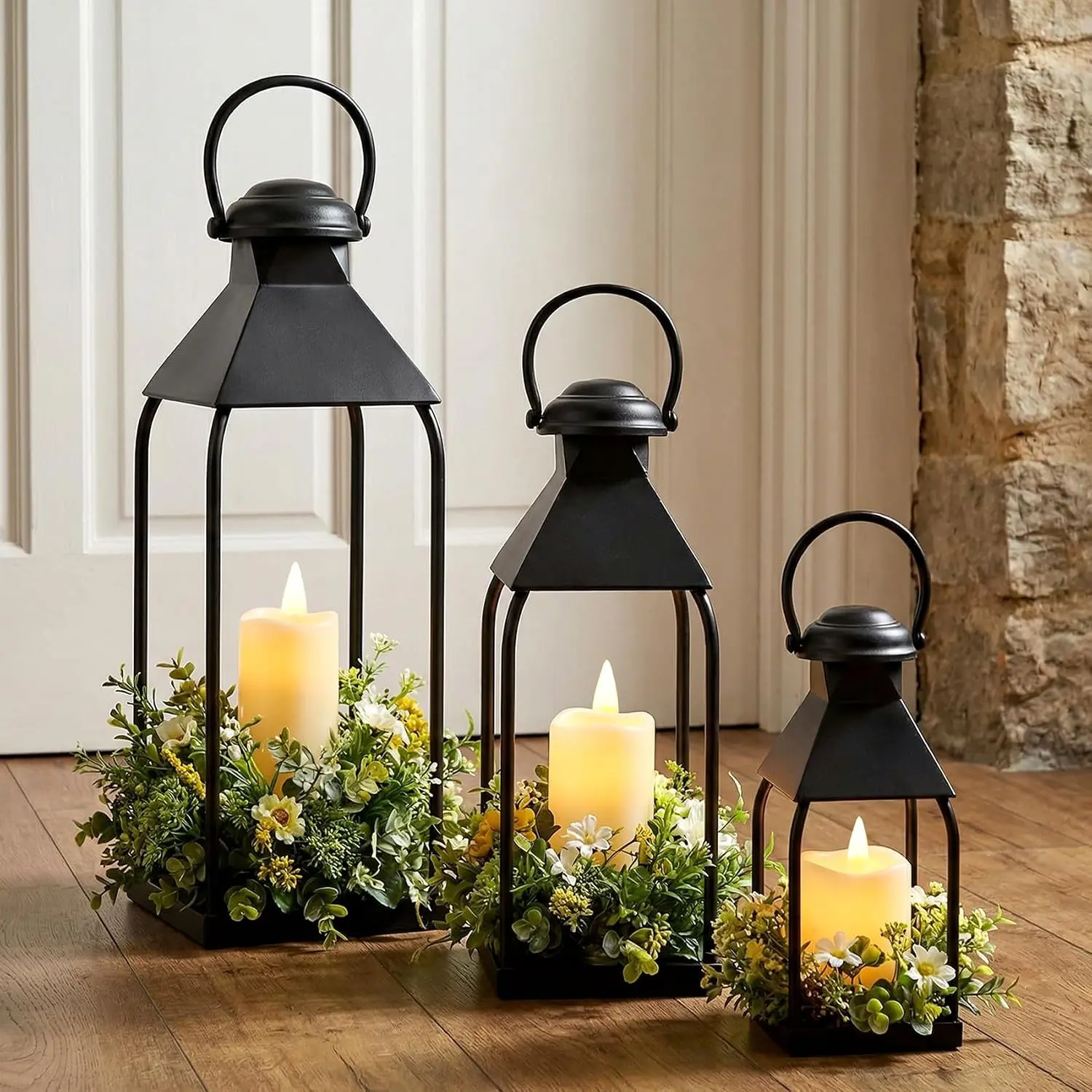 Decorative Metal Lanterns Indoor Outdoor, Set of 3 Outdoor Candle Holder Candle Holder for Porch, Patio, Fireplace, Floor, Wedding & Christmas, Party Decoration, Holiday Table Centerpiece