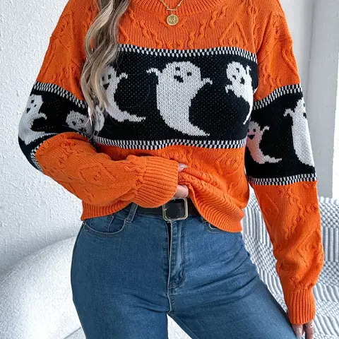 Women's Halloween Themed Colorblock Ghost Textured Sweater Pullover, Casual Drop Shoulder Long Sleeve Jumper for Fall & Winter, Ladies' Knitwear for Daily Wear, Tops