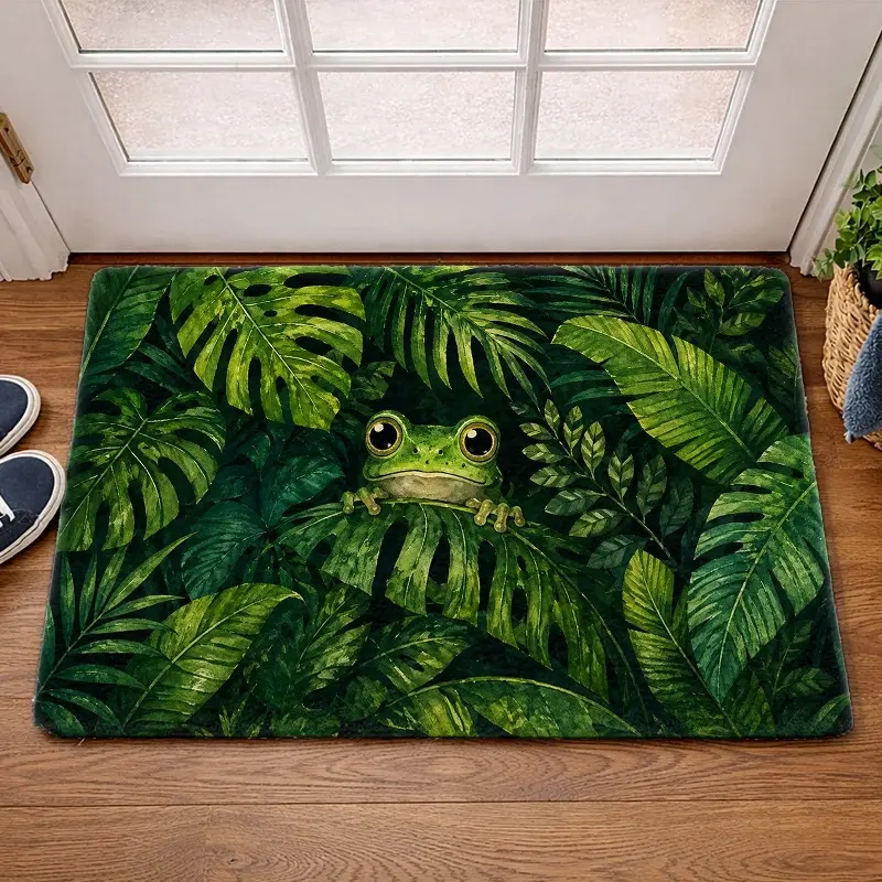 Flannel Floor Mat 1PC, 2PC, 3PC, Tropical Rainforest Frog Green Plant Print Floor Mat, durable, dirt-resistant, machine washable doormat, suitable for living room, bedroom, office, bathroom, balcony, corridor, porch, kitchen, indoor and outdoor entrance m