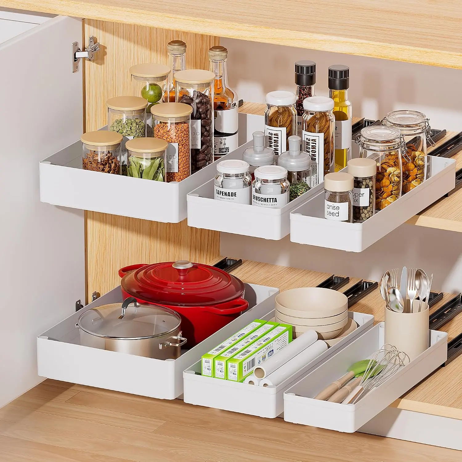 3 Pack Pull Out Cabinet Organizer, 15.7"Deep Pull Out Drawers for Cabinets, Slide Out Drawers for Kitchen Cabinets, Bathroom Cabinet Organizer, Pantry (White)