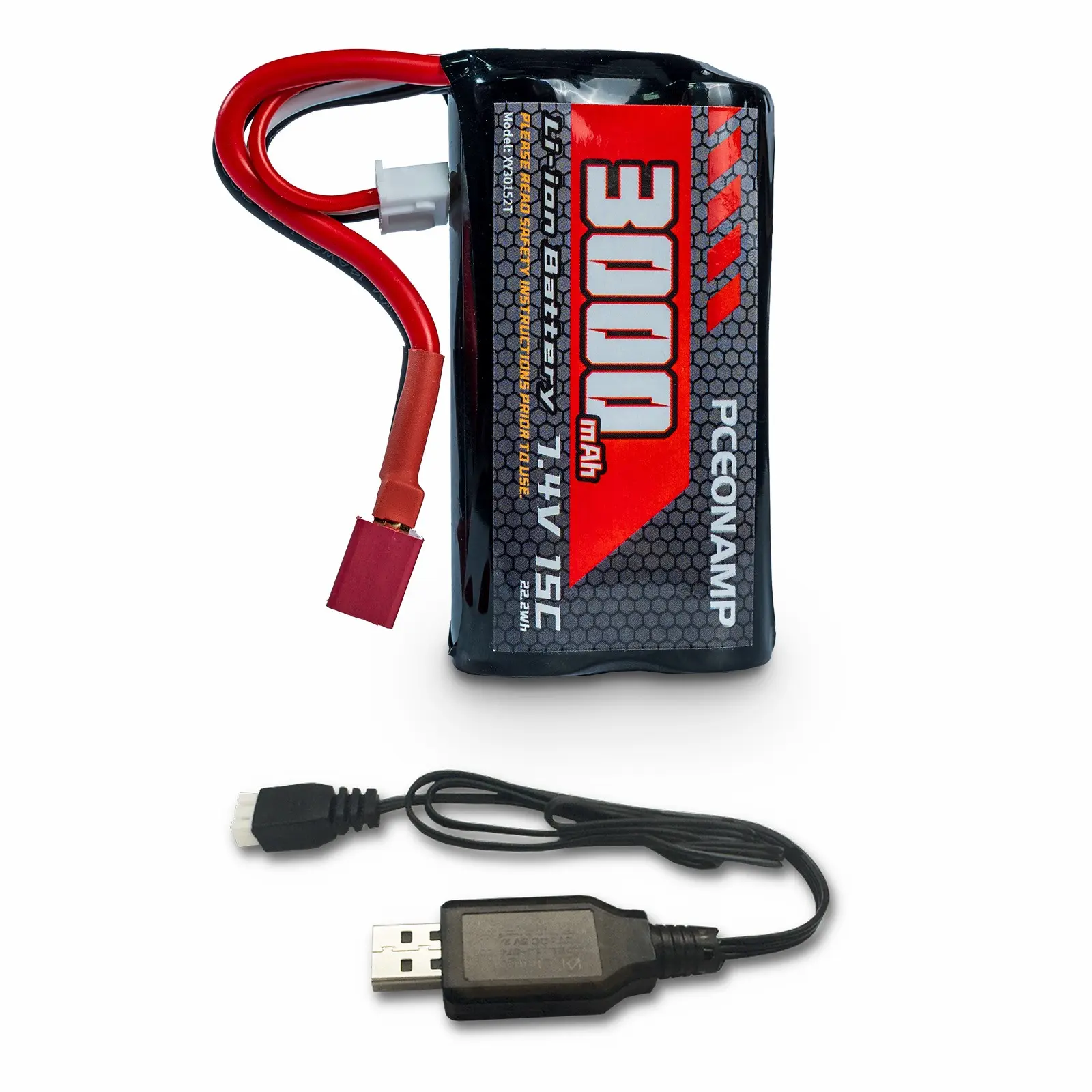 PCEONAMP 7.4V Rechargeable Lithium Ion Battery 3000mAh 2S with Deans T Plug High Capacity RC Battery Fit for 4WD High Speed RC Cars and Most 1/10, 1/12, 1/16 Scale RC Cars Trucks with 1 USB Charger