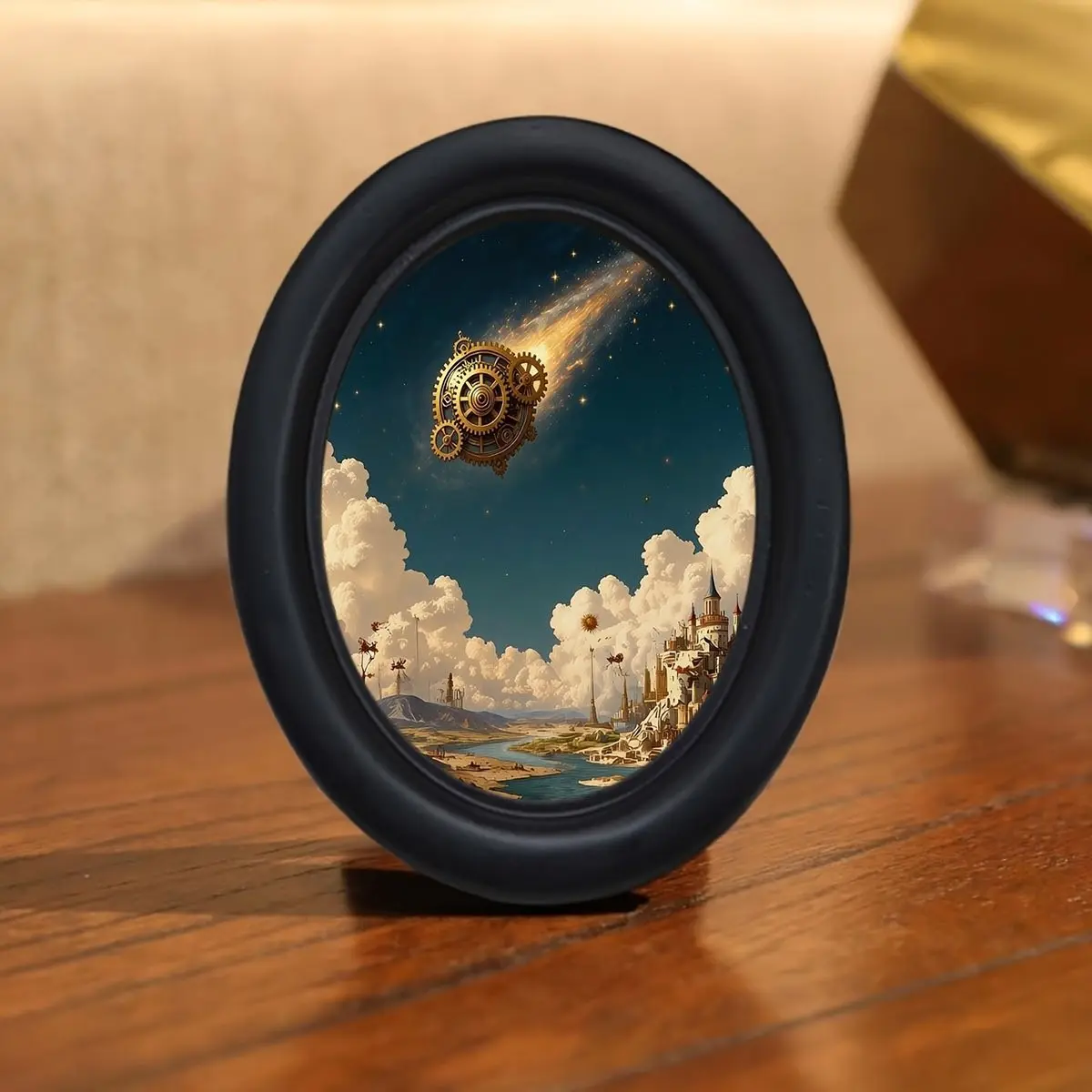 Steampunk fairy tale photo frame, black framed (1), featuring golden gears and dreamy city scenes, perfect for home decoration, adding a whimsical aesthetic to living spaces, made of high-quality materials