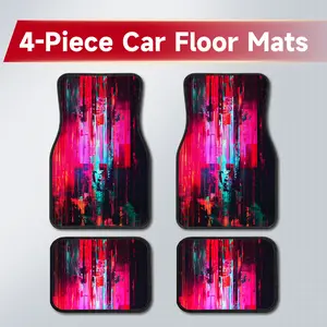 4PCS Neon Pink Teal Glitch Effect Car Floor Mats, Cyberpunk Digital Distorted Abstract Art Pattern Wear Resistant Easy Clean Carpet Liners, Perfect Birthday & Holiday Gift for Gamers, Futuristic Street Style Interior Decor Accessories Fit Sedan SUV Truck