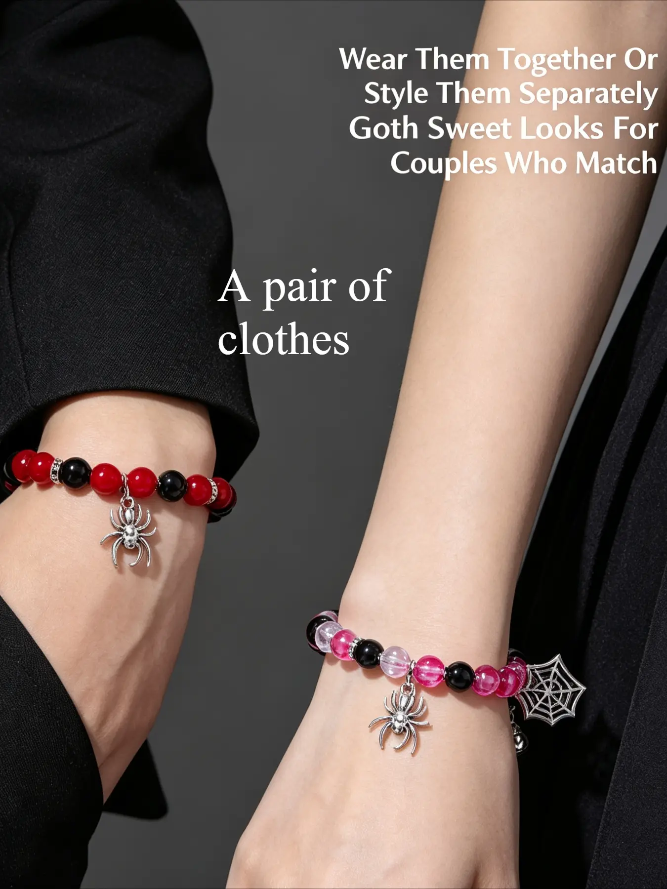 1 Pair Spider Charm Beaded Bracelets, ideal for couples, friends and family. Minimalist magnetic heart pendant bracelets, matching bracelets, unisex fashion accessories. Perfect for daily wear and party outfits.