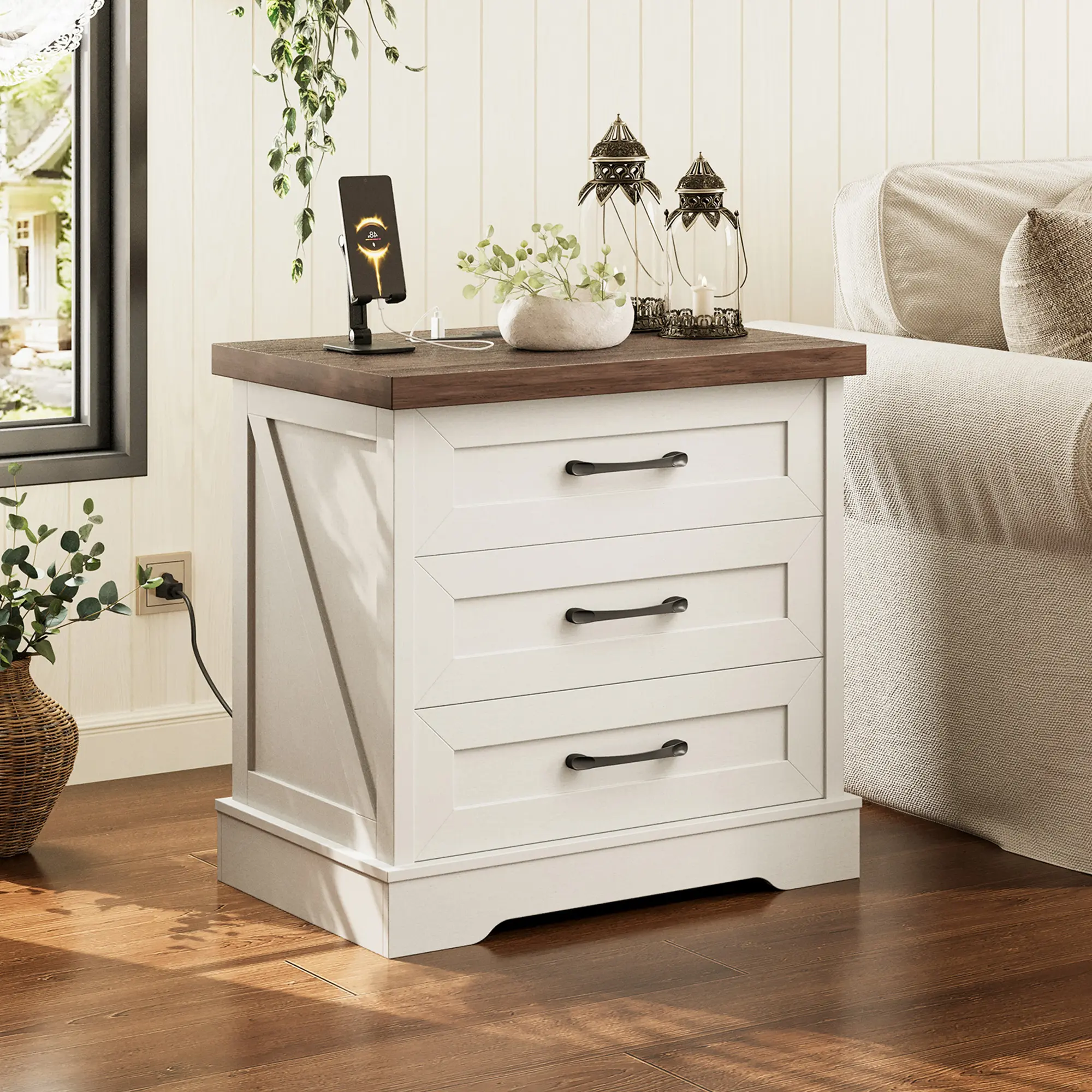 AODK 24-Inch Farmhouse 3-Drawer Bedside Table with Charging Station, USB Ports and Outlets for Bedroom, Living Room Furniture