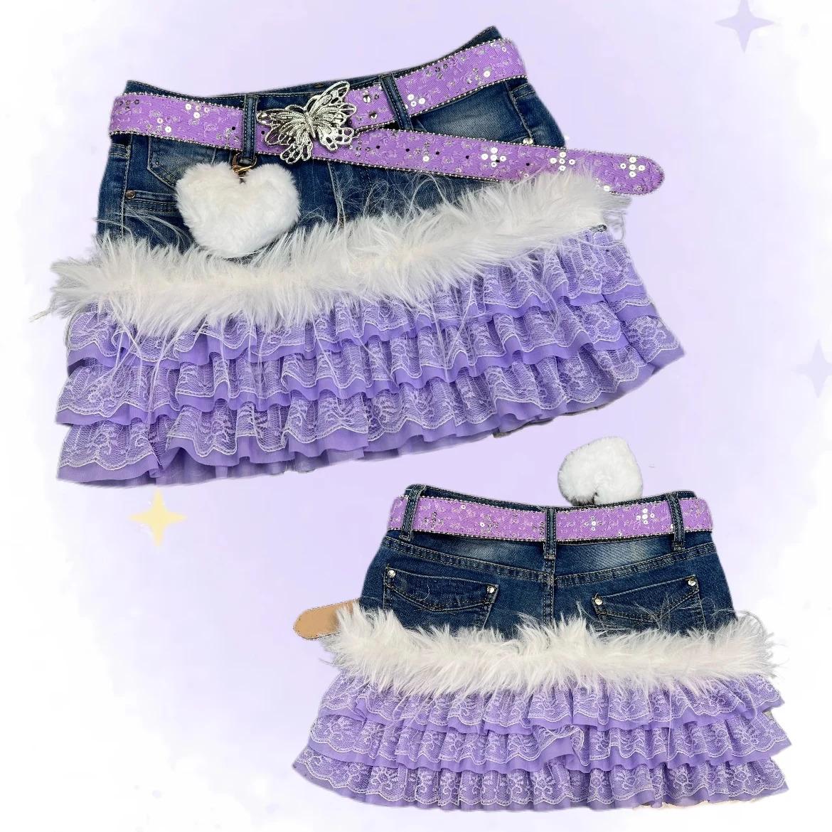 Original Y2K Vintage Low Waist Lace Trim Kitty Short Skirt Cute Millennium Handmade Cake Skirt Girls Sweet Style Denim Fabric