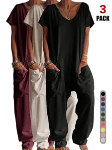 2026 Summer V Neck Drop Crotch Harem Jumpsuit, Loose Short Sleeve Baggy Casual Romper, Relaxed Fit Loungewear for Beach Vacation