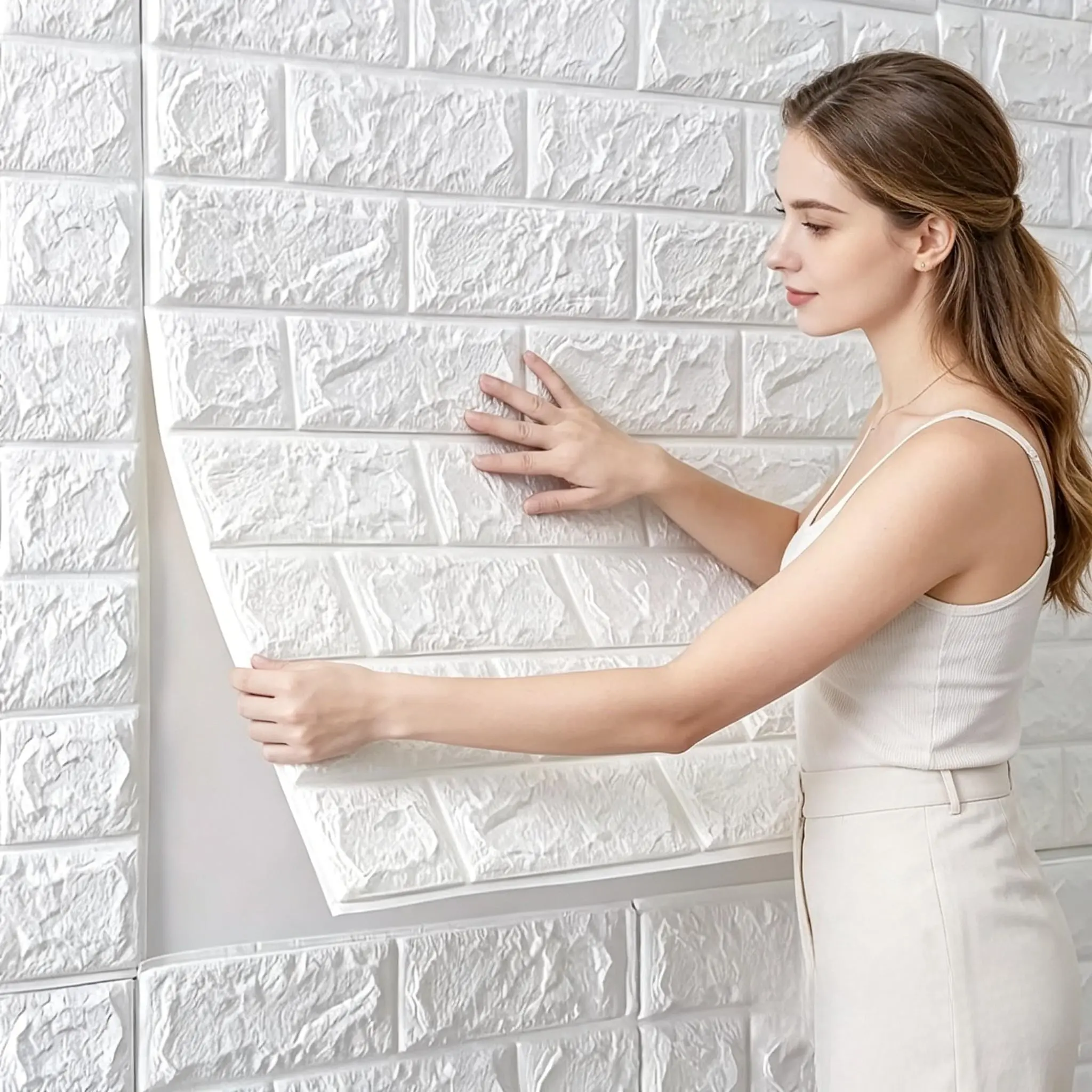 20pcs Wall Stickers, 38.5cm X 35cm Foam Tiles, Self-Adhesive Decorative Wallpaper, Simple Brick Pattern, Ideal for Living Room Walls
