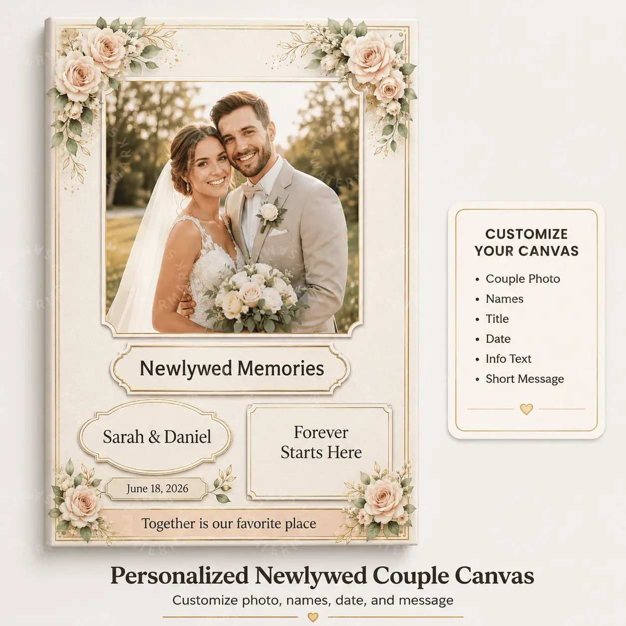 Personalized Newlywed Couple Canvas Print, Custom Wedding Photo-Name-Date-Message Wall Art, Romantic Floral Poster for Bedroom Living Room Decor, Wedding Gift & Anniversary Keepsake