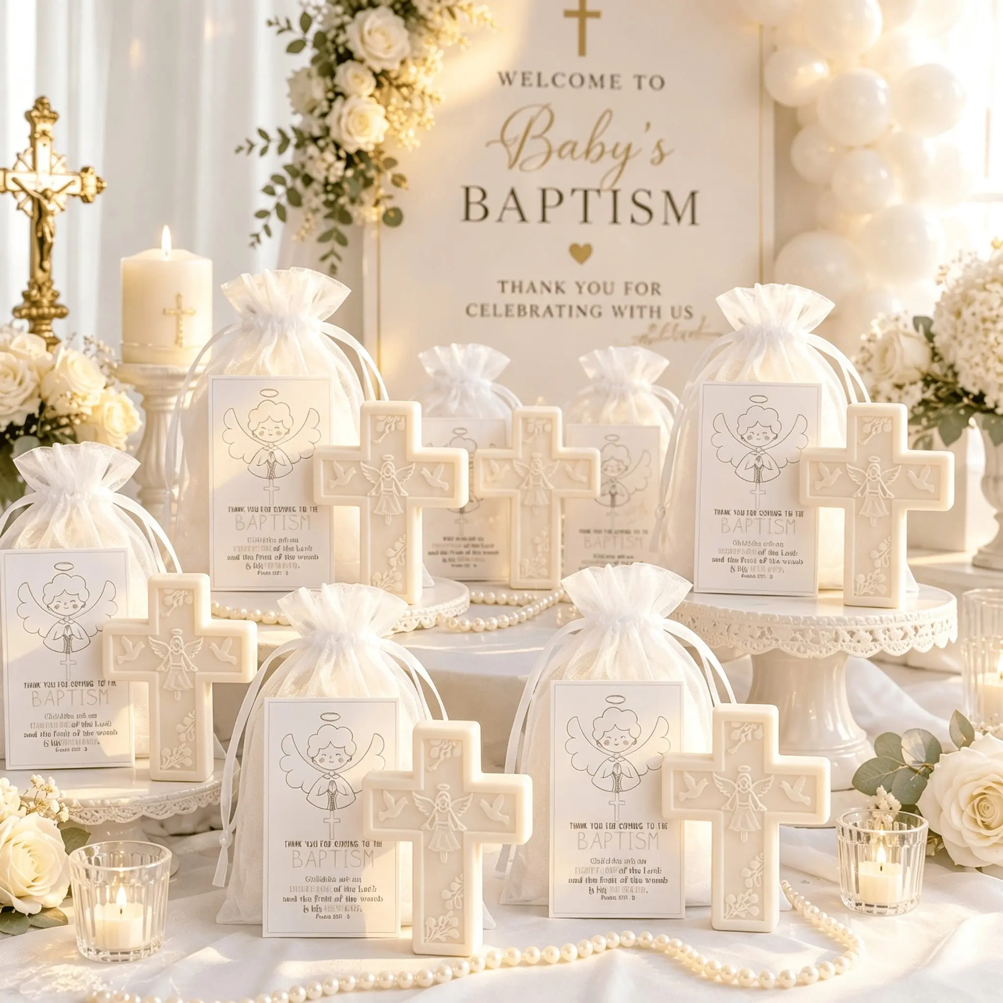 60pcs/20Sets Cross Soap Baptism Favors for Guests, White Religious Soap Gifts with Organza Bags and Thank You Cards, Christian Christening Keepsakes, First Communion Party Favors, Baby Blessing, Wedding and Baby Shower Guest Gifts, Goodie Bag Fillers
