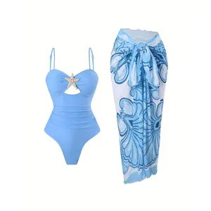 One-Piece Swimsuit for Women Featuring Starfish Embellishments, Accompanied by a Blue Floral Sarong, Designed for Tummy Control And Perfect for Beach Getaways
