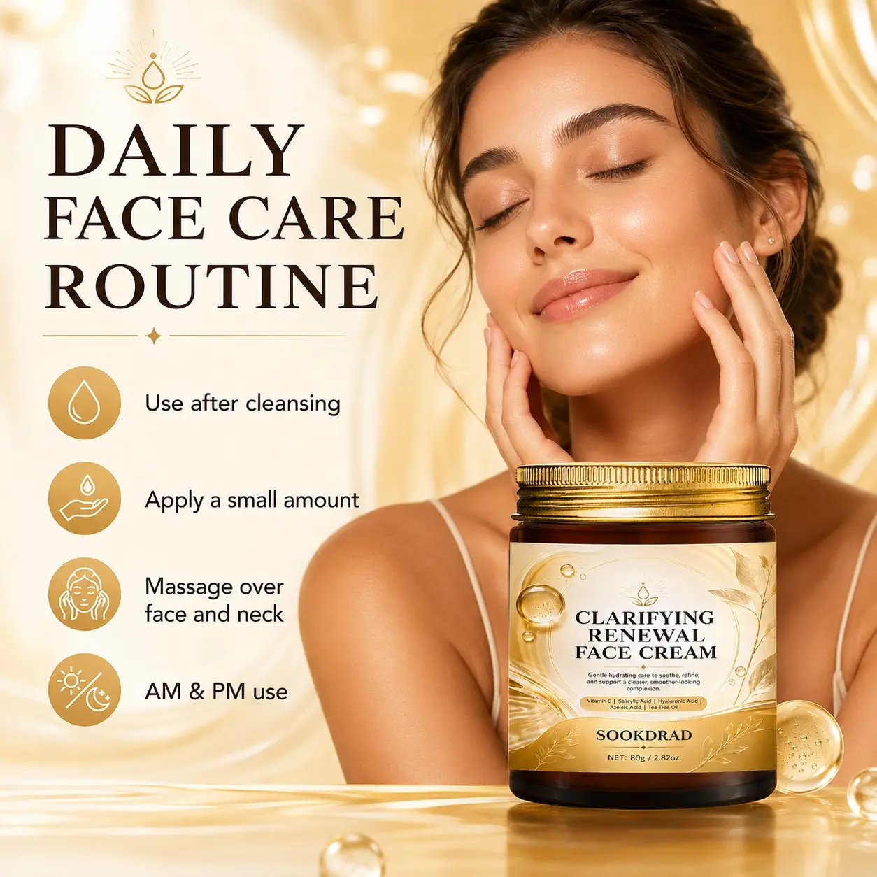 Clarifying Renewal Face Cream, with Vitamin E, Salicylic Acid, Hyaluronic Acid, Azelaic Acid, Tea Tree Oil, gentle hydrating, soothe skin, refine complexion, daily facial care, 80g