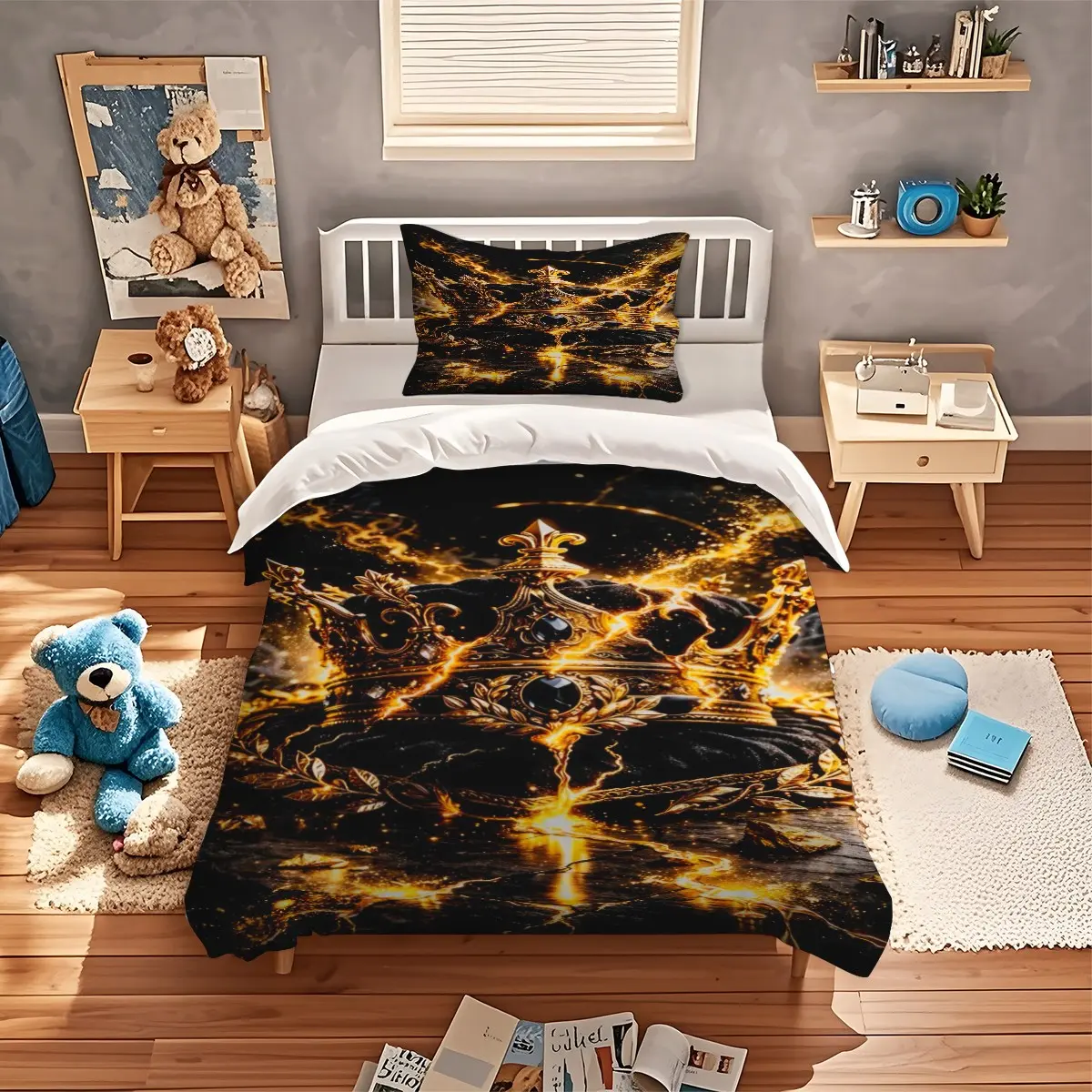2/3pc Golden Crown Digital Print Duvet Cover Set, Luxury Royal Themed Bedding Set (Includes 1 Duvet Cover, 1/2 Coreless Pillowcase), Soft & Breathable, Easy Zippered Closure, Vivid 3d Pattern, Suitable For Bedroom Decor,Perfect All-Season Gift