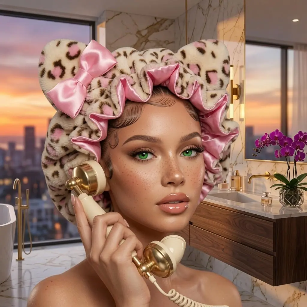 Effortless Pink Leopard Plush Satin Hair Bonnet with Cute Ears and Bow Soft Silk Lined Night Sleep Cap for Curly Braided Natural Hair Adjustable Elastic Bonnet for Women Hair Protection