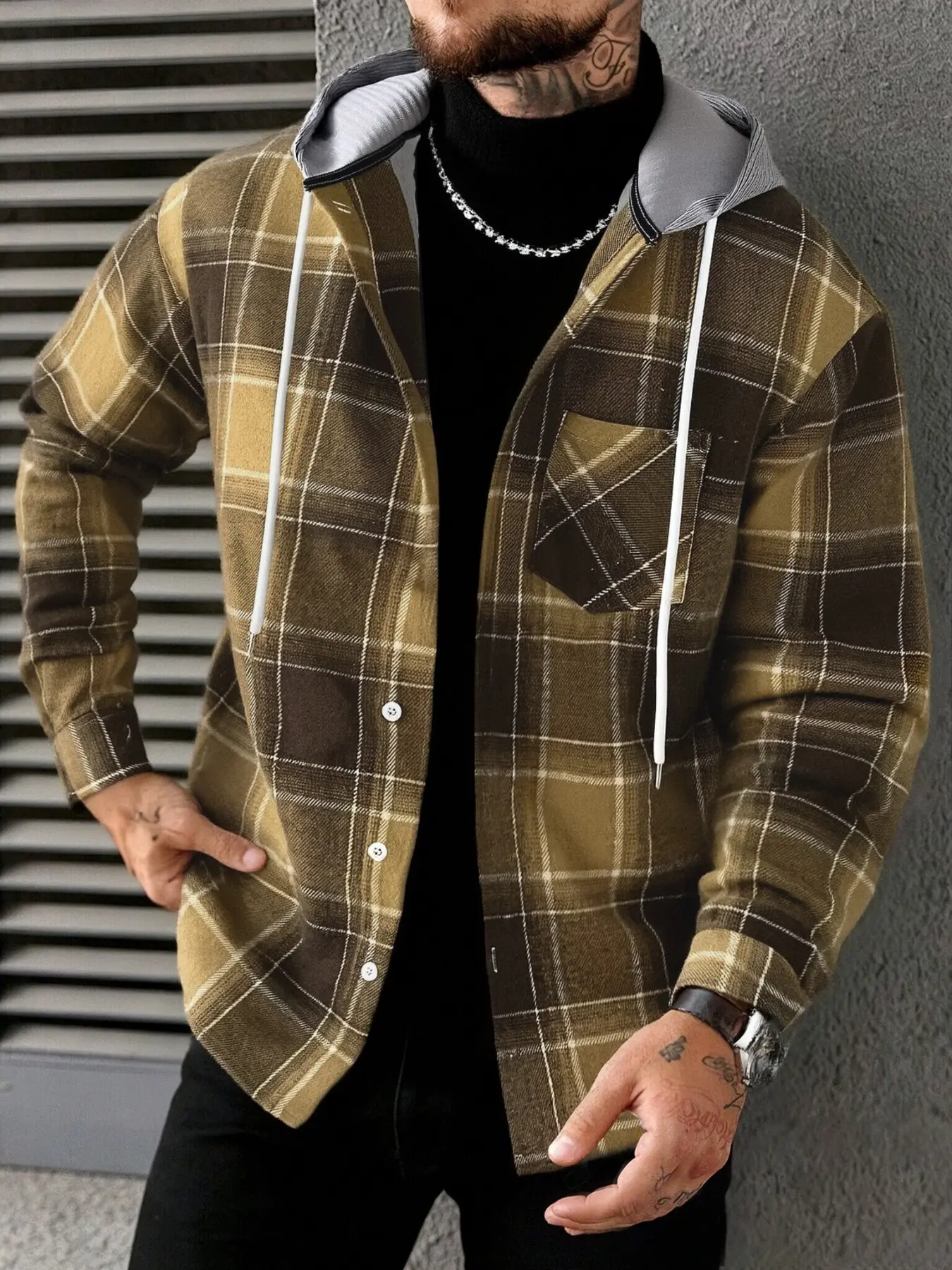 Men's Plaid Hooded Shirt Jacket, Casual Loose-Fit Button Front Open Coat, Fall & Winter Outerwear, Classic Check Design, Men's Gift