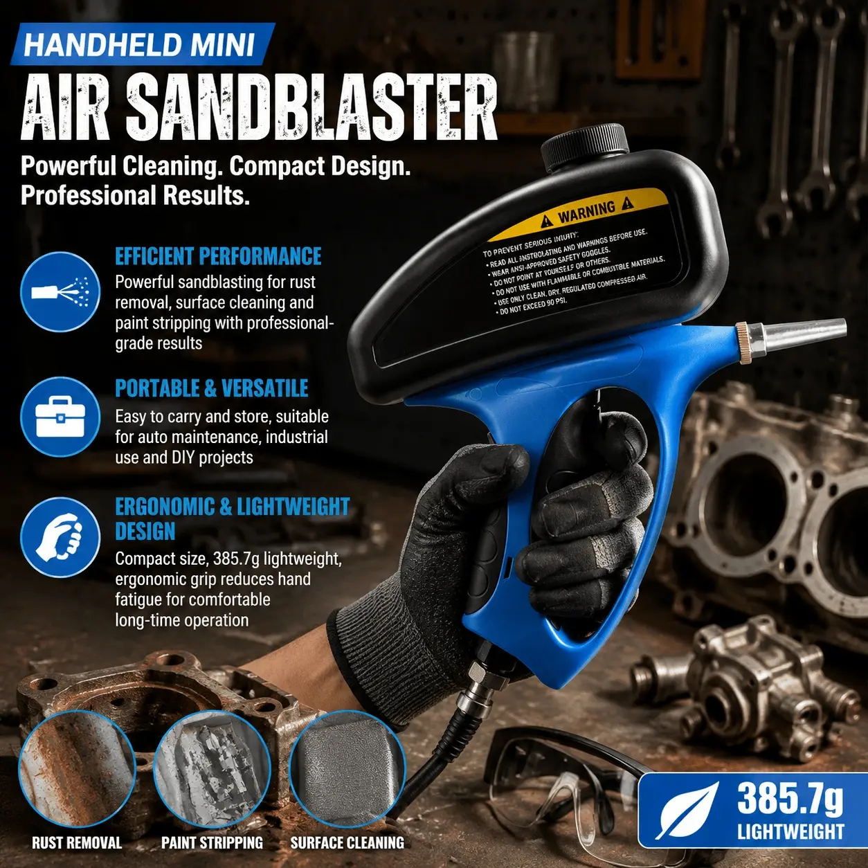 Handheld High Pressure Sandblaster, 2-in-1 Rust & Paint Remover, Multi-Surface Metal Wood Concrete, Tungsten Carbide Nozzle, Gravity Feed, Anti-Clog, Ergonomic, Pneumatic