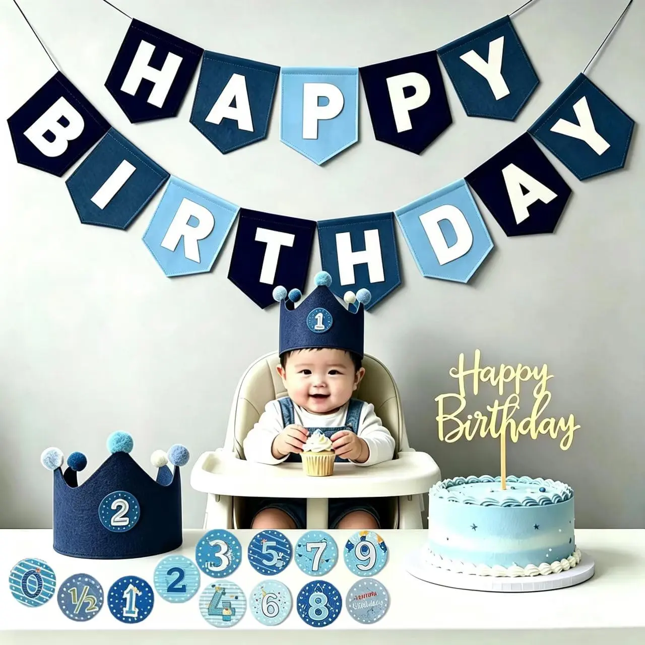 Felt Happy Birthday Banner, Reusable 1st Birthday Decorations for Baby Boy, First Birthday Party Supplies