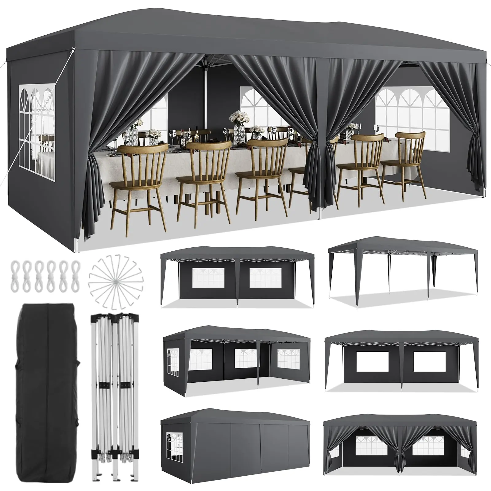 【GARVEE】10x20 Heavy Duty Pop Up Canopy Tent – 6 Removable Sidewalls – Easy Up Commercial Canopy Tents for Parties – 3 Adjustable Heights – Includes 18 Stakes, 6 Ropes – Grey