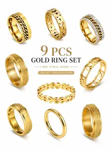 9-Piece Punk Style Stainless Steel Neutral Rings Set, Fashionable Smooth, Matte, Cross, Diagonal, Chain Designs, Perfect for Daily Wear, Parties, Gifts