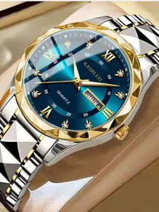 Unisex Elegant Exquisite Business Watch, Deep Blue Dial, Crystal Roman Numerals, Strap, Quartz Movement, Hardlex Glass, All Seasons