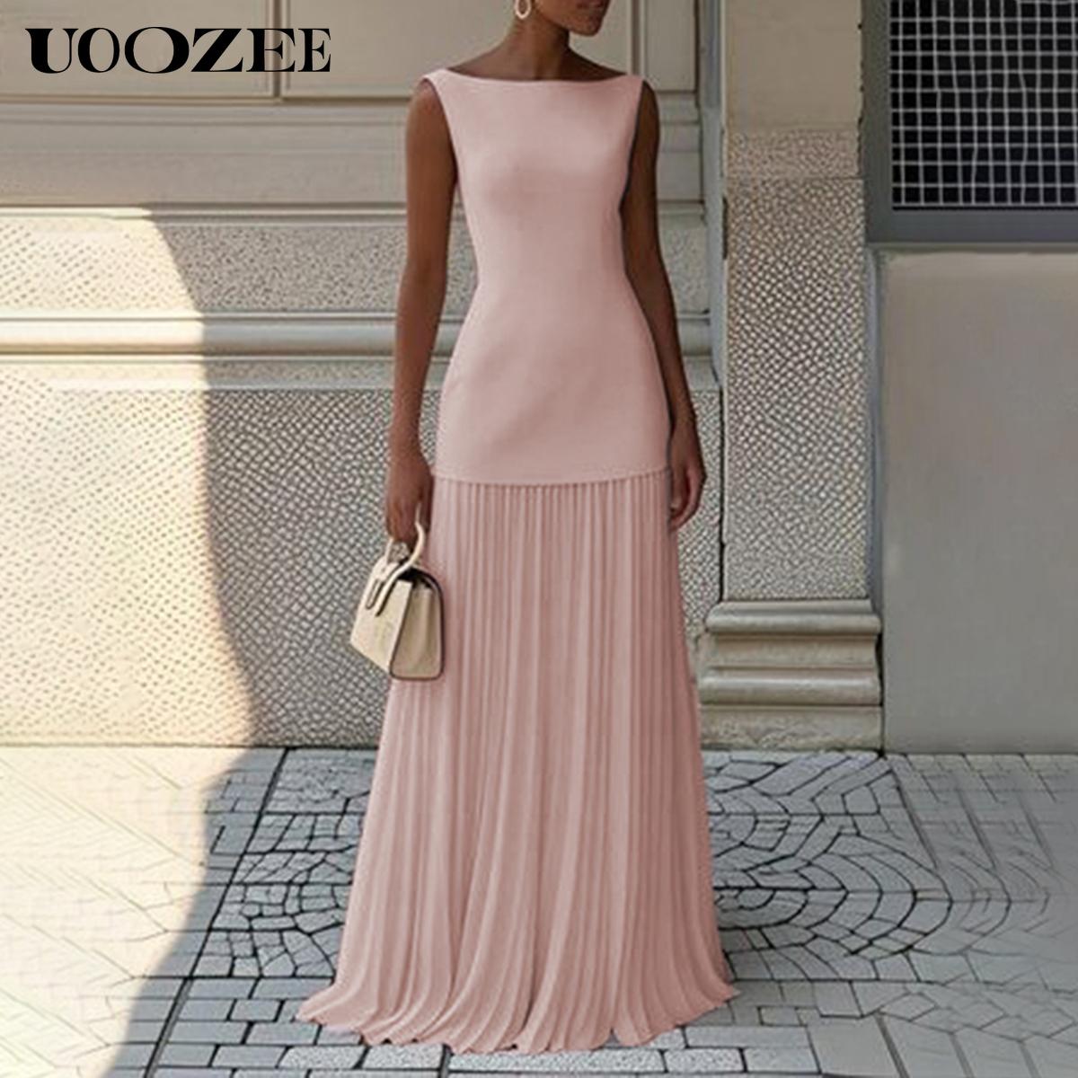 UOOZEE Women 2025 Evening Prom No Stretch Maxi Dresses Summer Elegant Sleeveless Pleated Gauze Cocktail Party Wedding Guest Dresses (Smaller Bust Fit, One Size Up Recommended for C - Cup and Above) birthday outfit elegantoutfits SpringStatements