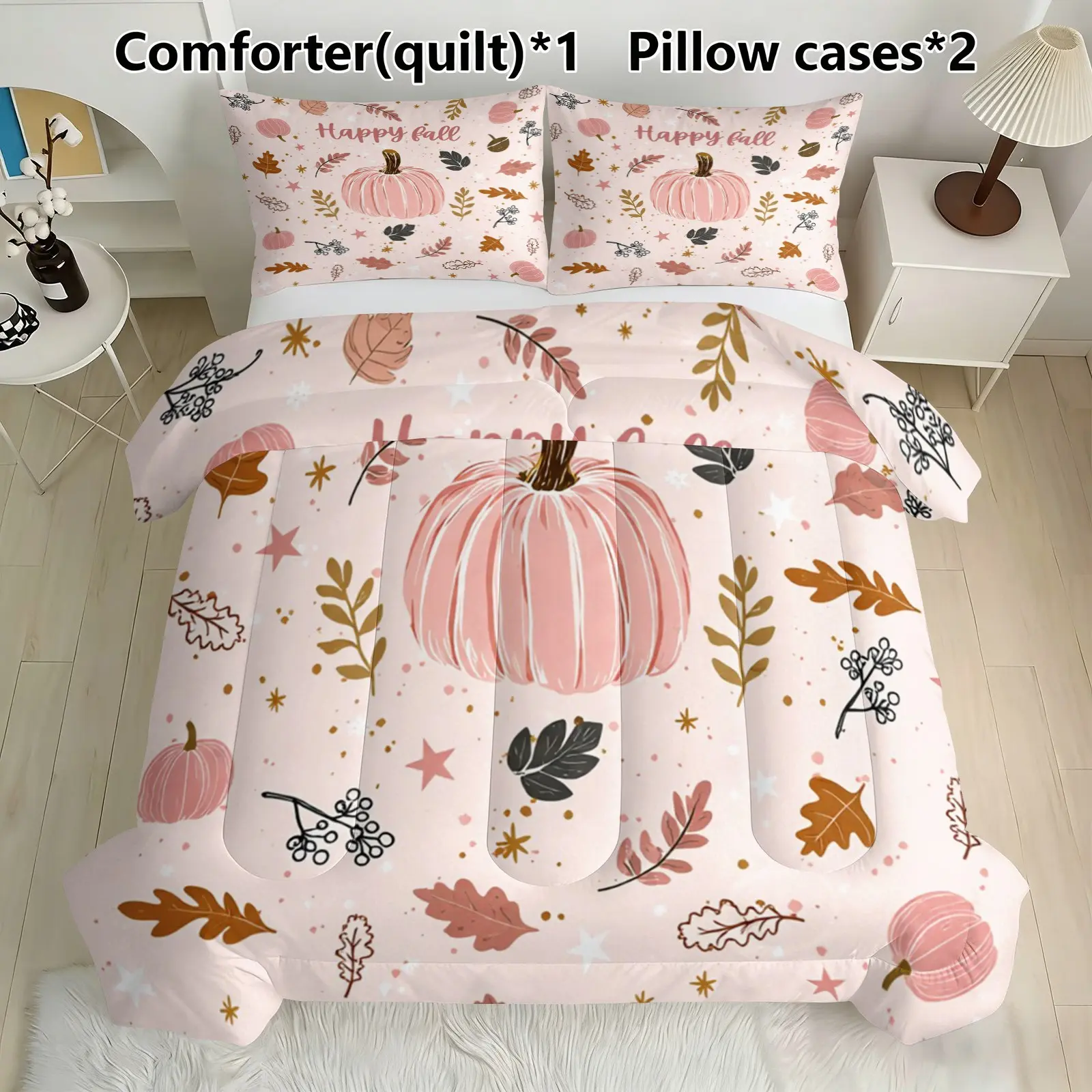 Pink-toned pumpkin autumn leaves print 3-piece U-shaped quilted bedding set (1 quilt + 2 pillowcases, without pillow core), with quilt filling of 200gsm, soft and breathable, suitable for bedroom, dormitory and home decoration, multiple size options