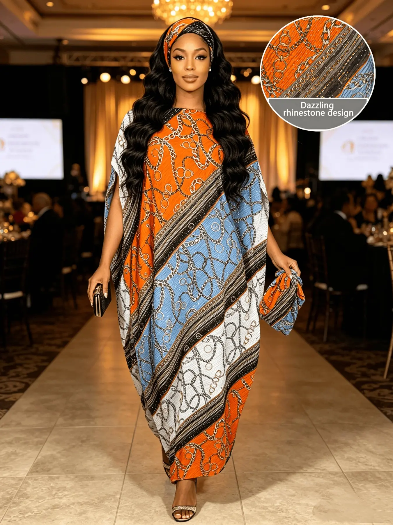 Glitter Rhinestone Diagonal Stripe Chain Geometric Kaftan Dresses Two Piece Set, Oversized Split Long Maxi Dress, Elegant Dinner Party Formal Outfit With Matching Head Scarf, Suitable For Plus Size Ladies