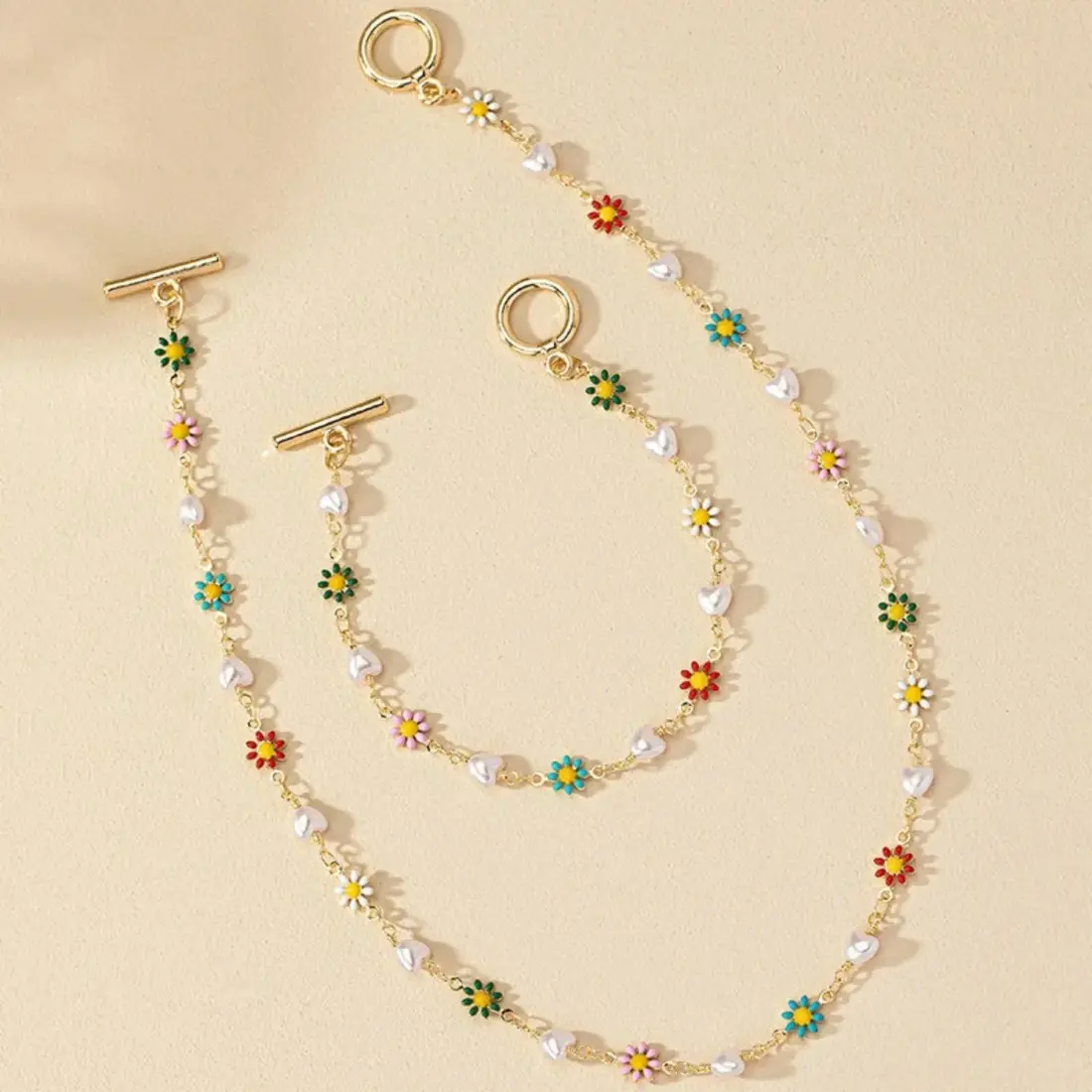 Women's 2-Piece Minimalist Chains Set with Korean Floral Pearls & Hearts, Dainty Stainless Steel Necklace & Bracelet for Casual Wear, Fashionable Jewelry Set, Jewellery Gift Set, Artificial Pearl
