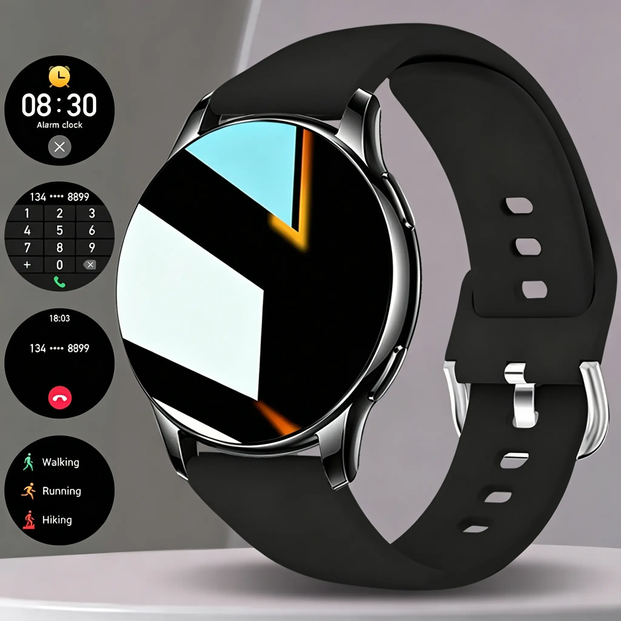 Smartwatch, 1.5inch features a large touchable screen, stylish strap, and multiple functions such as call reminder/message notification/weather forecast/music control/calendar/sedentary reminder/multi-sport modes/remote camera control.