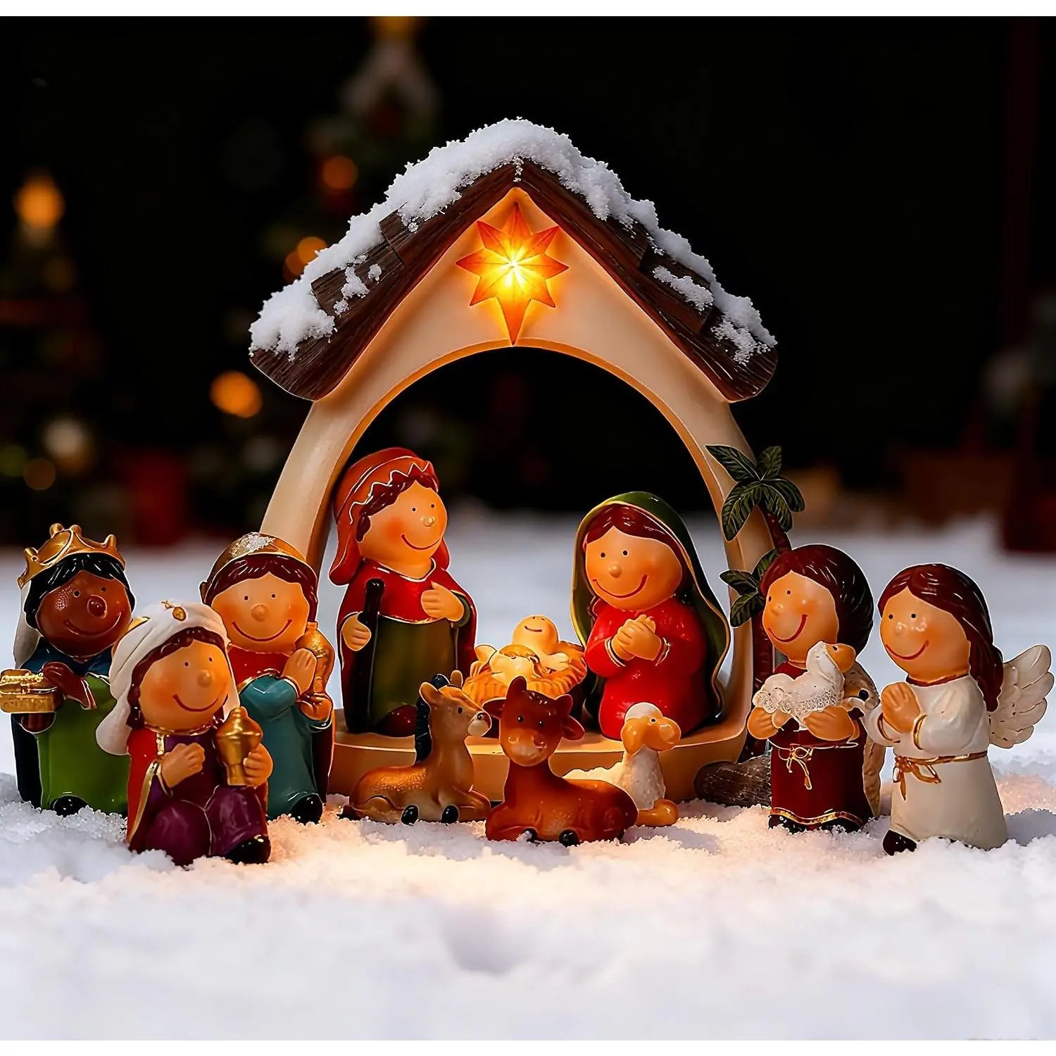 12Pcs Nativity Set for Kids-Small Nativity Sets & Figures for Toddlers with LED-Nativity Scene Indoor-Tabletop Figurines Nativity Playset-Kids Nativity Set for Little Girls Boys Children