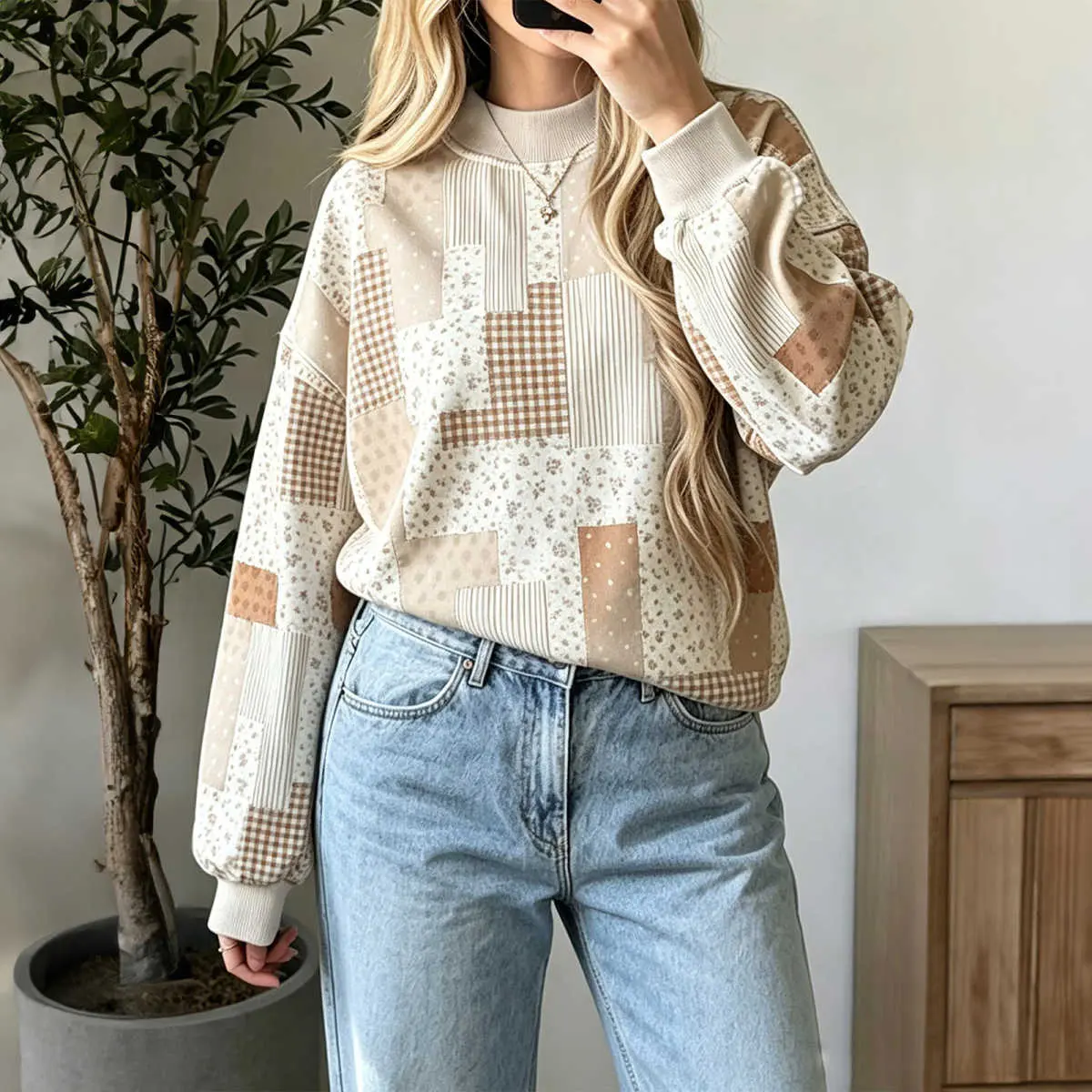 Women's Floral Print Patchwork Sweatshirt, Mock Neck Long Sleeve Casual Pullover