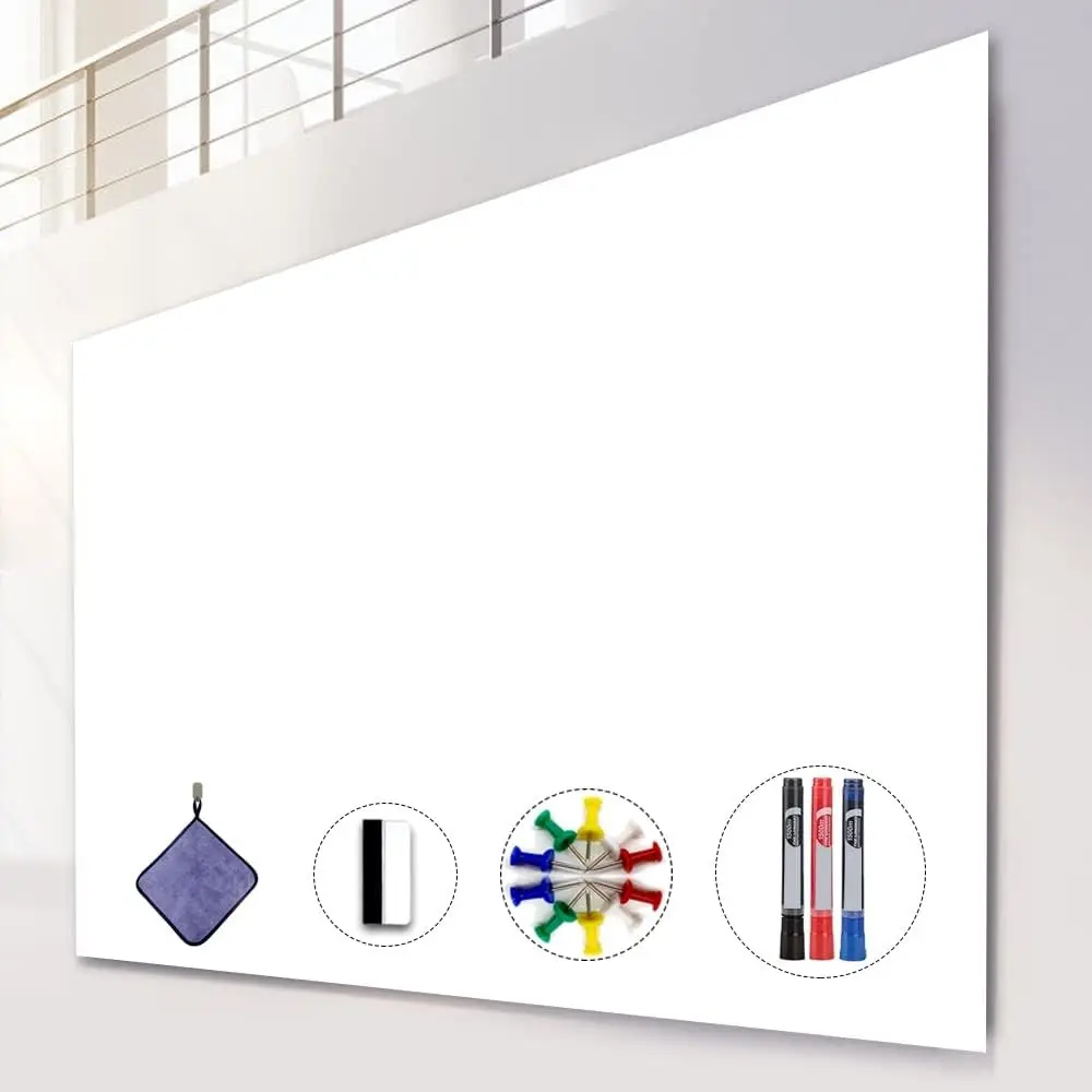 Dry Erase Board Sticker, 48 x 36 inches White Board Wallpaper, Dry Erase Sticker for Wall, 4' x 3' Peel and Stick Whiteboard Contact Paper, Adhesive Whiteboard Roll, No Ghost, 3 Markers WS23
