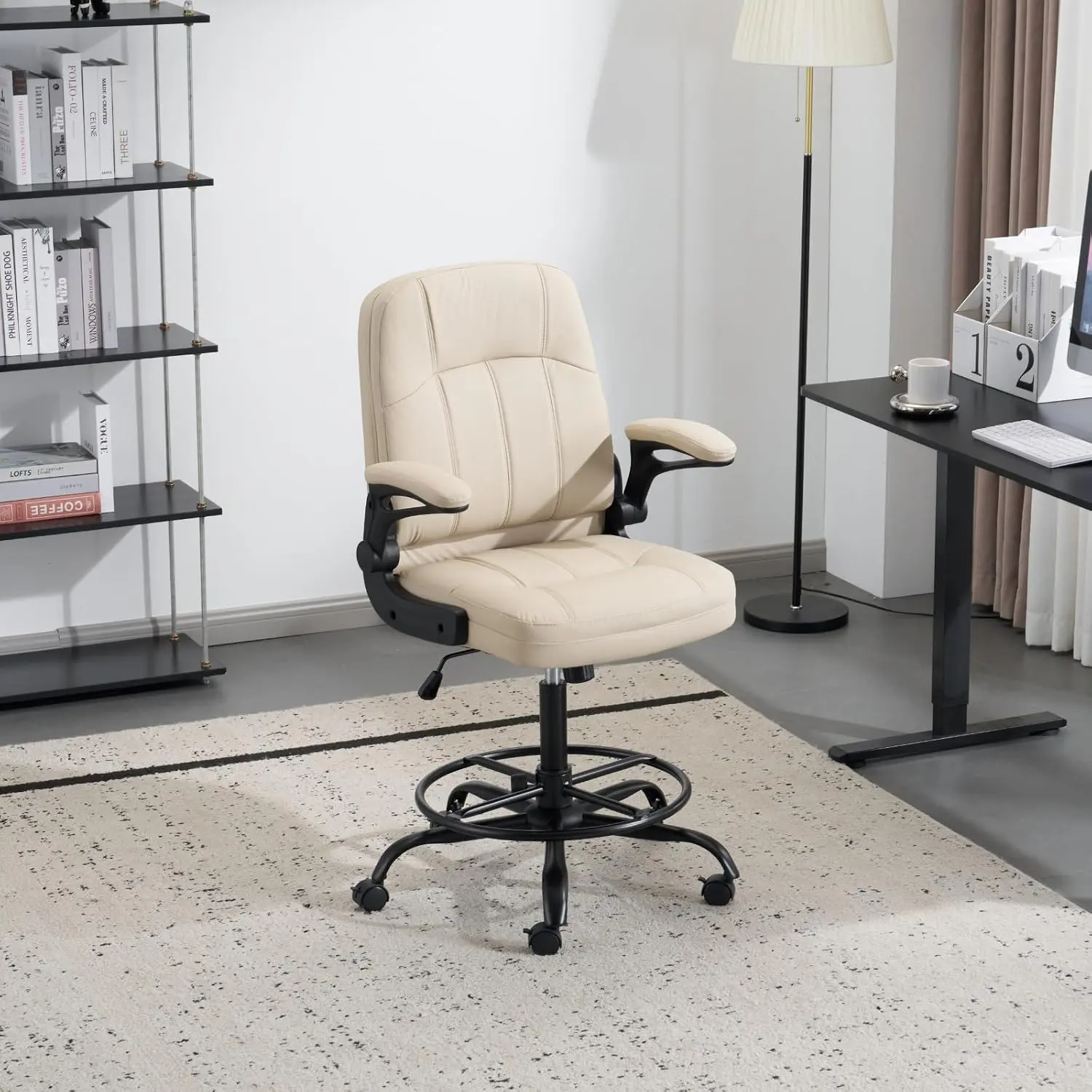 VINGLI Ergonomic Drafting Chair, Tall Standing Desk Chair with Adjustable Height & Flip‑Up Armrests, Lockable Wheels, 4" PU Leather Cushion, Modern High Office Chair for Home Studio Office