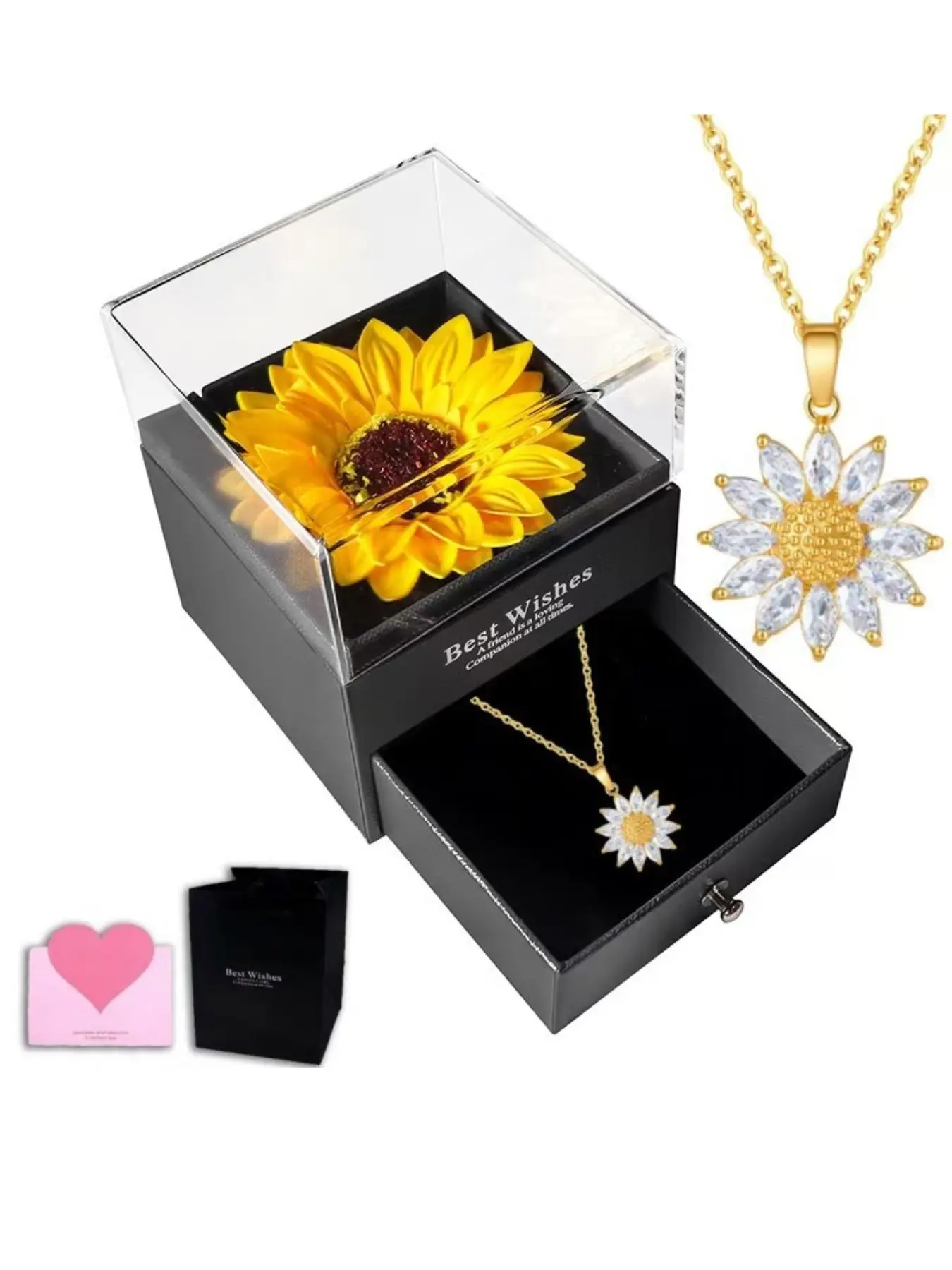 Zircon Sunflower Pendant Necklace Gift Set, Artificial Sunflower Flower Box, Jewelry for Women, Birthday Valentine Mother’s Day Gift