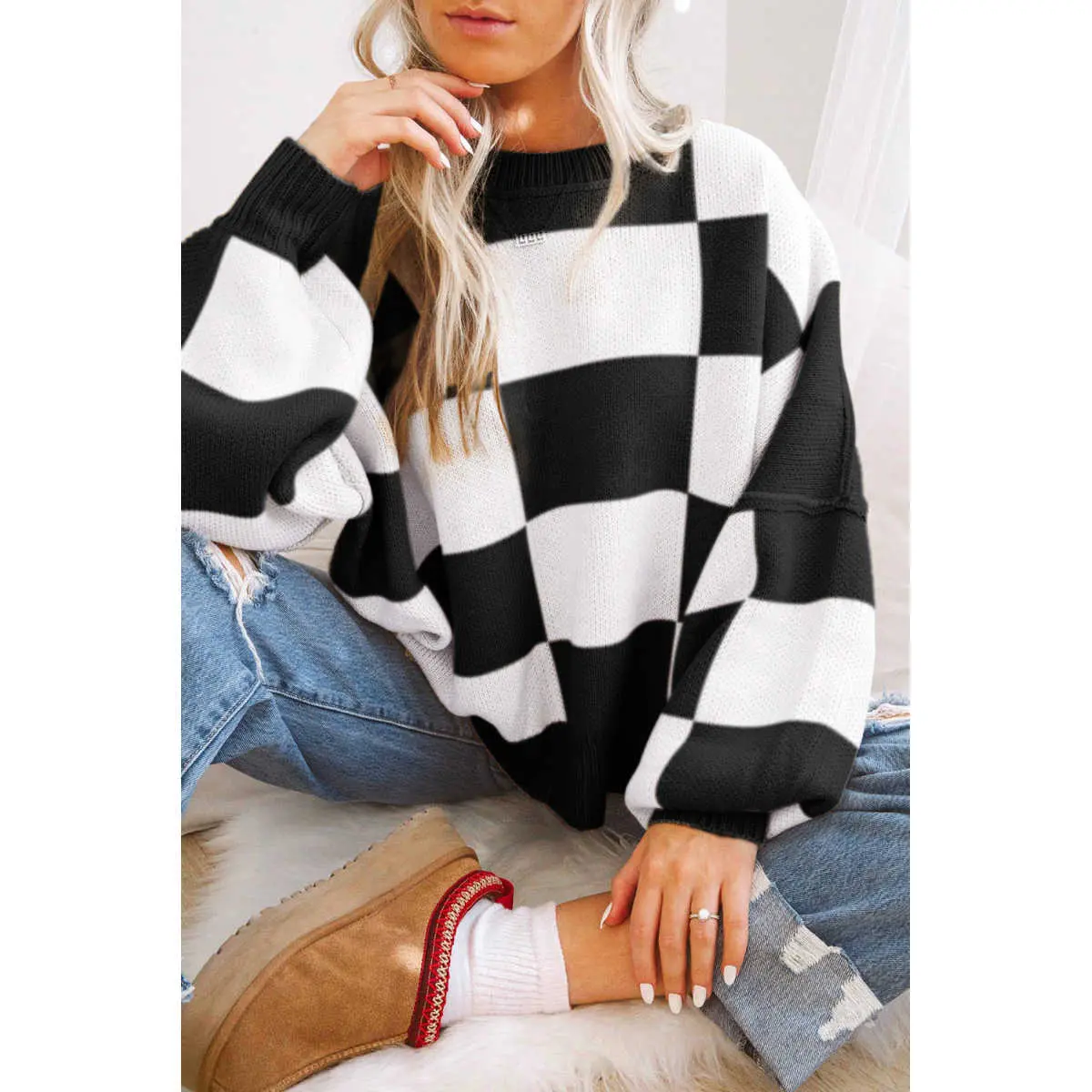 Black Checkered Bishop Sleeve Sweater