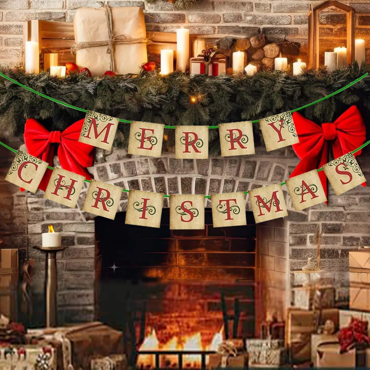 Christmas Decor -  Merry Christmas Banner Sign - Nostalgic Traditional Old Fashioned Victorian Xmas Holiday Decor for Indoor  Office Mantle  Fireplace Christmas Decorations