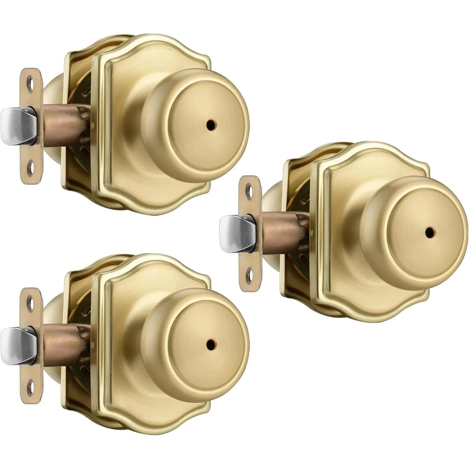 3 Pack Gold Door Knobs with Camelot Trim,Interior Door Knob with Lock,Coastal Privacy Door knob for Bath and Bedroom