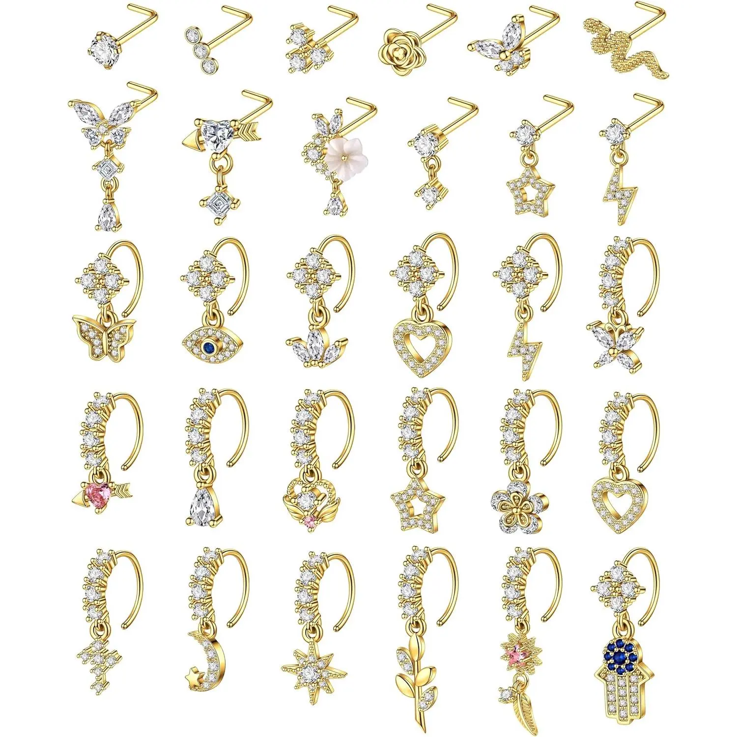 Women's Minimalist 30PCS Dangle Nose Rings Set - 20G Hypoallergenic Hoop/L-Stud Jewelry with CZ Flower, Star, Butterfly Designs for Female Everyday Wear, Dangling, Nose Ring, Nose Stud Jewelry