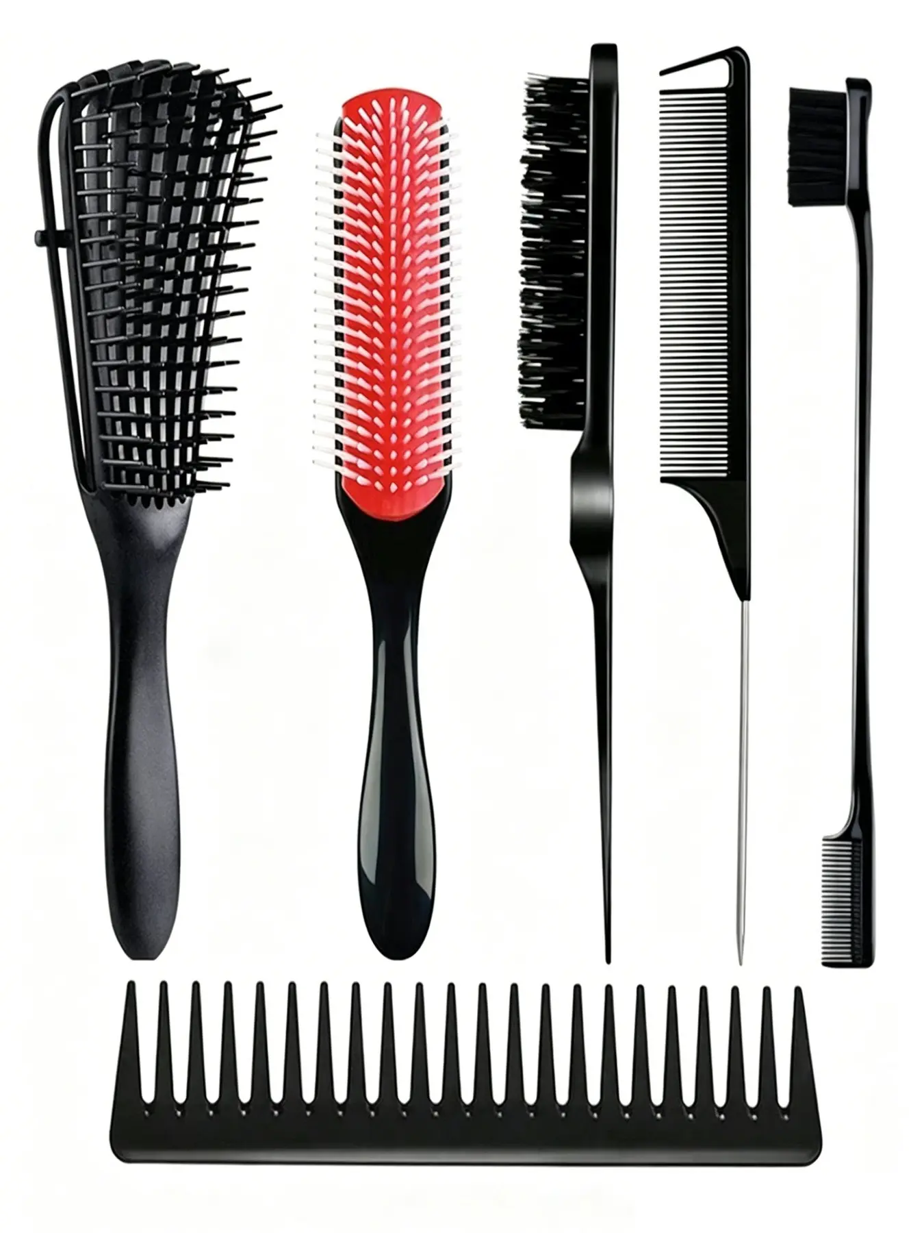 6-Piece Hair Comb Set, Wide Tooth Comb, Octopus Comb, Massage Comb, Pick Comb, Tail Comb, Edge Comb, Sectioning Comb, Salon Curl Comb, Comb Type, Hair Styling Tools
