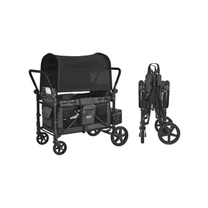 VEVOR Wagon Stroller for 4 Kids, Push Pull Quad Collapsible Stroller with Adjustable Handle, Safety Harness & Removable Canopy, 4-Seater Stroller Wagon for Camping, Dark Gray & Black (330LBS Loading)