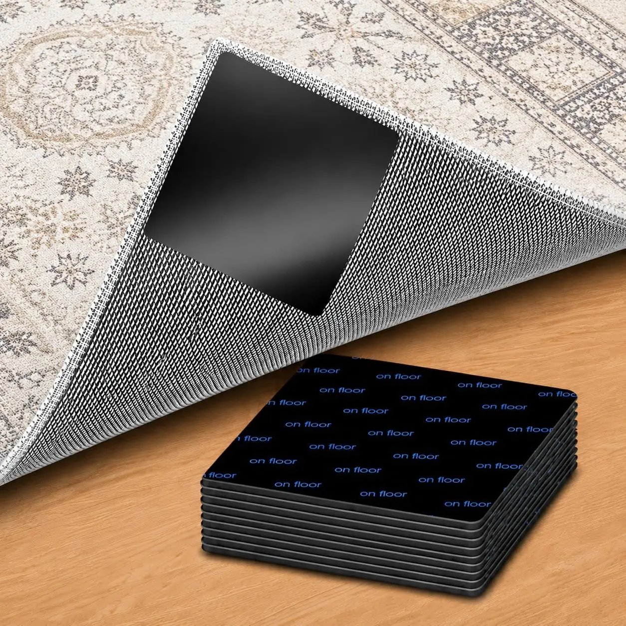 Rug Tape 8 count, 100mm x 100mm Non-Slip Rug Grippers, Double-Sided Adhesive Carpet Tape for Hardwood Floors & Tiles,  Washable Rug Corner Stickers Keep Rugs Flat, No  (Black)